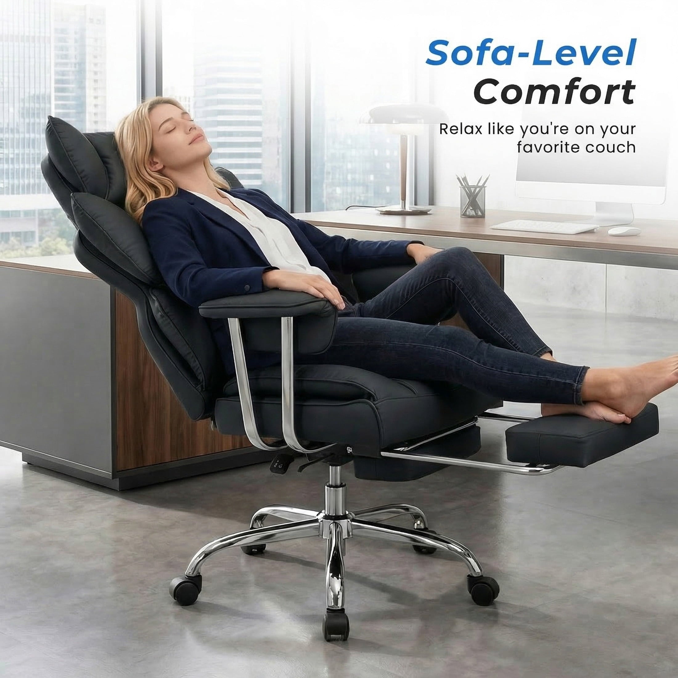 edx Executive Home Office Desk Chair, Ergonomic Big Tall High Back with Footrest & Lumbar Support, Reclining Comfy PU Leather Computer Gaming Chair with Swivel Wheels, Height Adjustable, Black