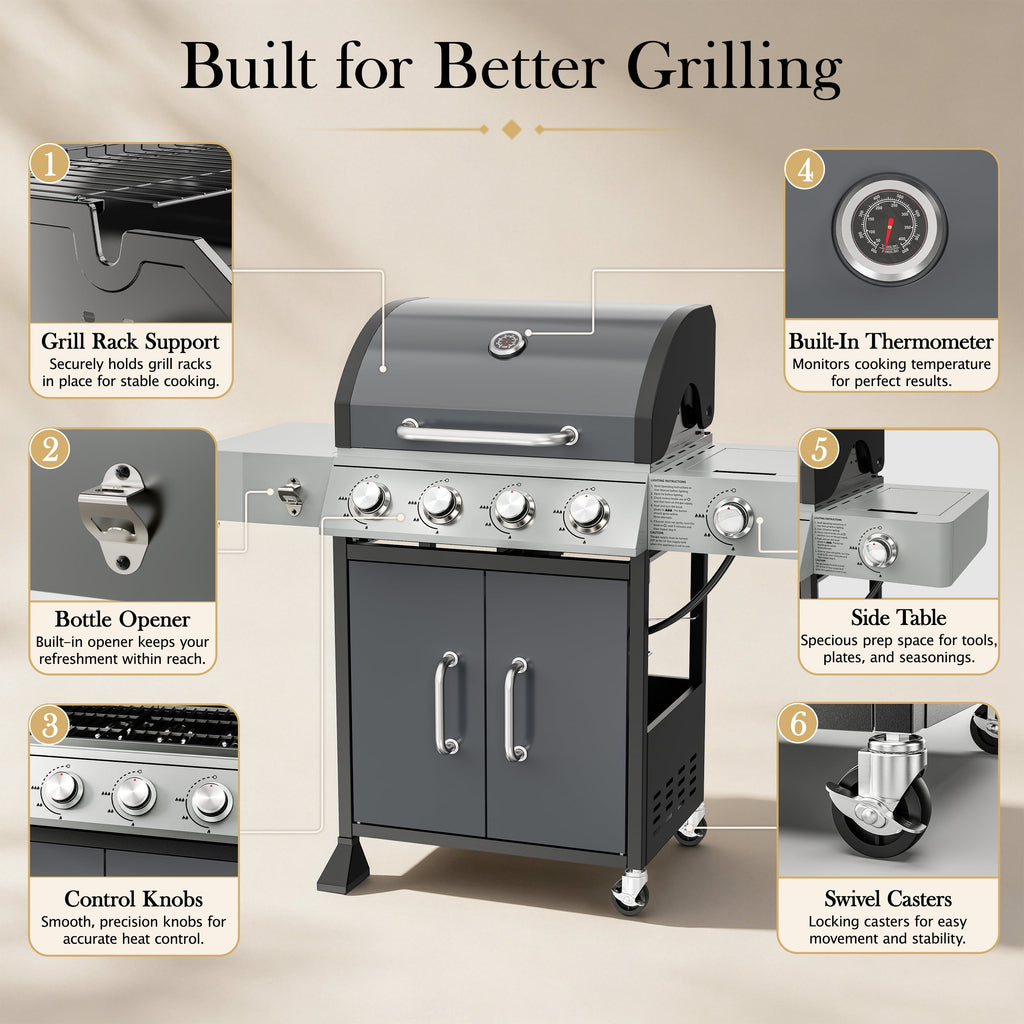 72,000 BTU Gas Grills Clearance, 6-Burner Propane BBQ Grill with Side Burner, 650 Sq.In Cooking Area, Cast Iron Grates, Warming Rack, Thermometer, Outdoor Grill for Patio Backyard
