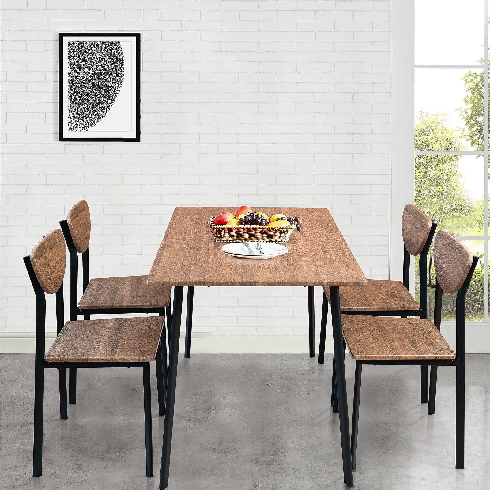 Lamerge 4 Person Dining Table Set, Wooden Dining Table 5 Piece Set with 4 Oak Metal Frame Chairs, Space Saving, Suitable for Apartments, Small Spaces, Kitchens, Breakfast Corners, Espresso Wood C