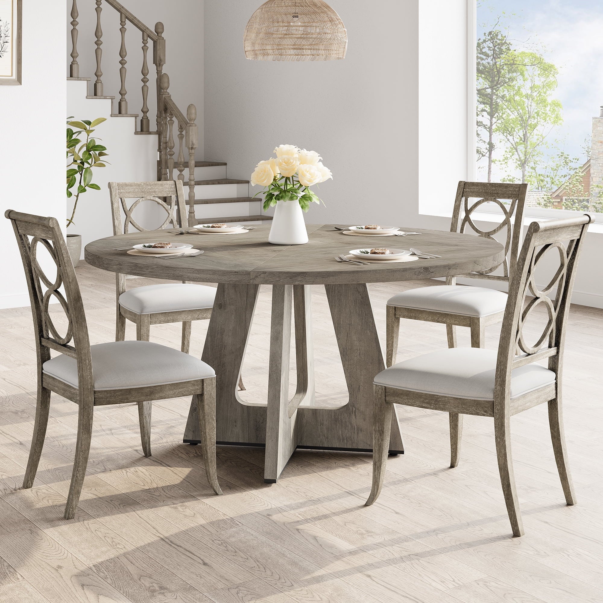 47'' Round Large Dining Table Set for 4 to 6,Mid Century Wood Dinner Table with Wide Tabletop and Cross Base,Dining Room Table for Home Dining Room or Living Room (No Chairs)