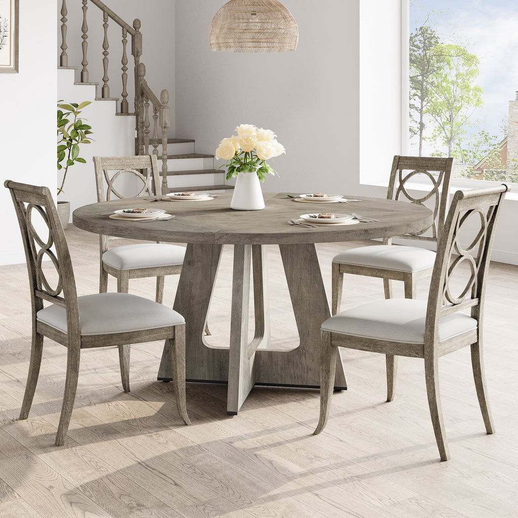 Ataucjin 47-Inch Round Large Dining Table, Wooden Kitchen Table Set for 4, Farmhouse Dinner Table with Wooden Top and Legs for Home Dining Room or Living Room - Rustic Brown(Only Table)