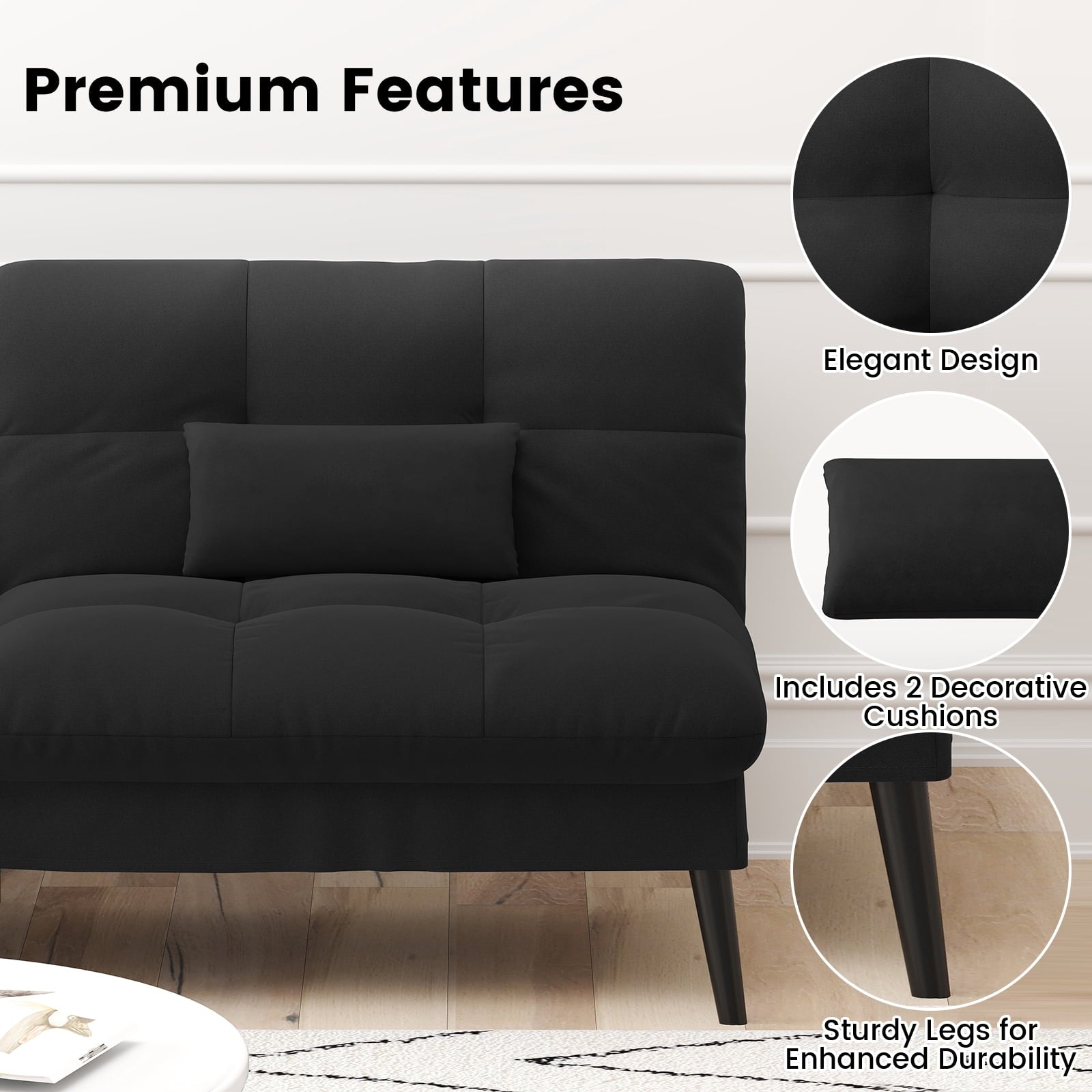 CloudRest Pro 72 Modern Convertible Futon Sofa Bed, Upholstered Futon Couch with 5 Adjustable Backrest Angles,Suitable for Apartment,Living Room,Black