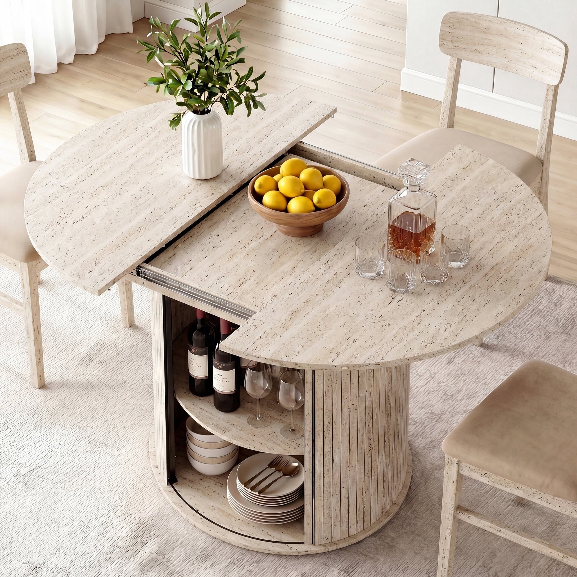 EOP 47″- 63″ Extendable Round Dining Table for 4-6, Wooden Kitchen Table with Hidden Storage and Fluted Sliding Door Cabinet, Modern Space-Saving Table for Dining Room Kitchen, Natural Wood