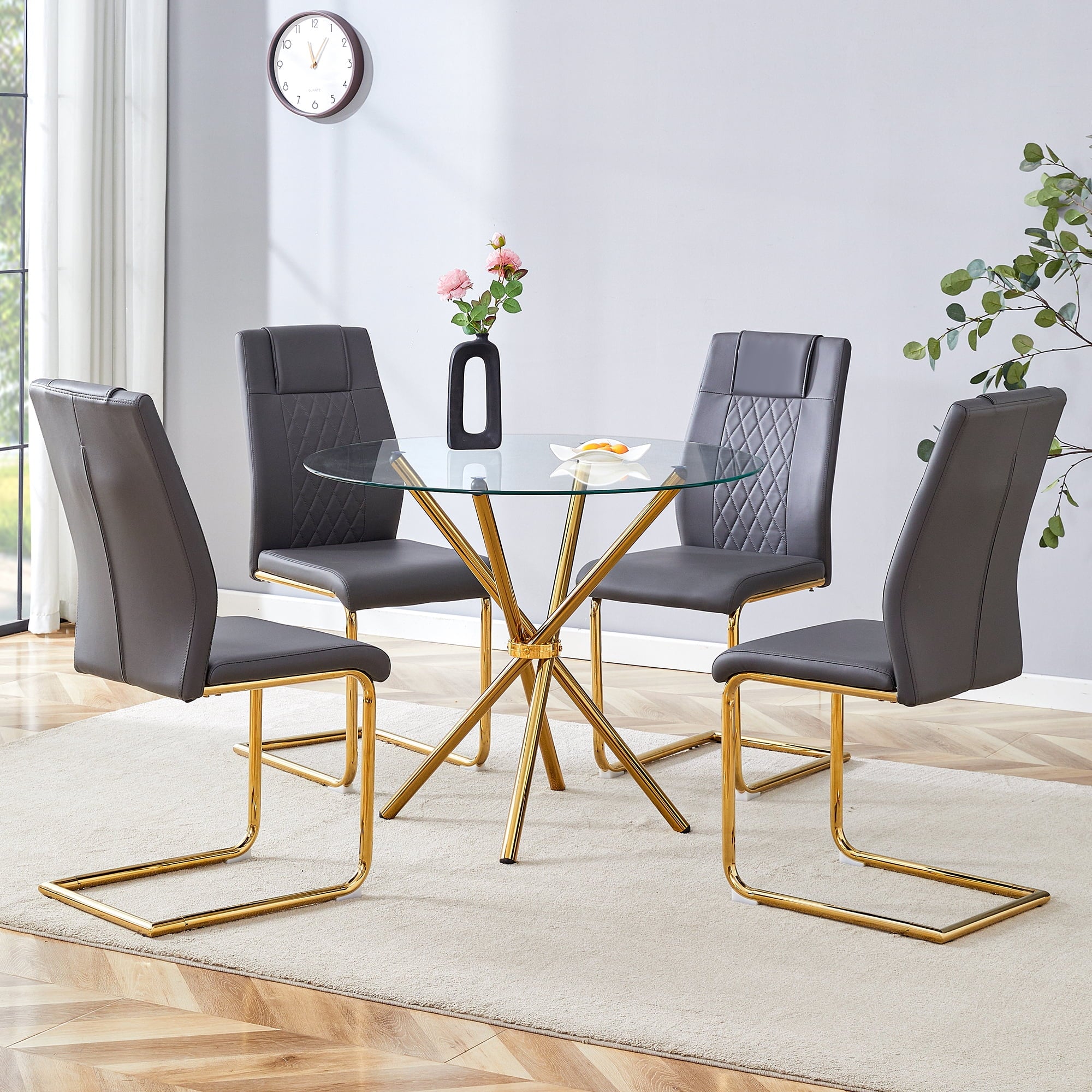 LUFTUT 36.6 Round Glass Dining Table, Modern Gold Base Kitchen Table, Small Space Bistro Table, Clear Tempered Glass Top for Apartmen