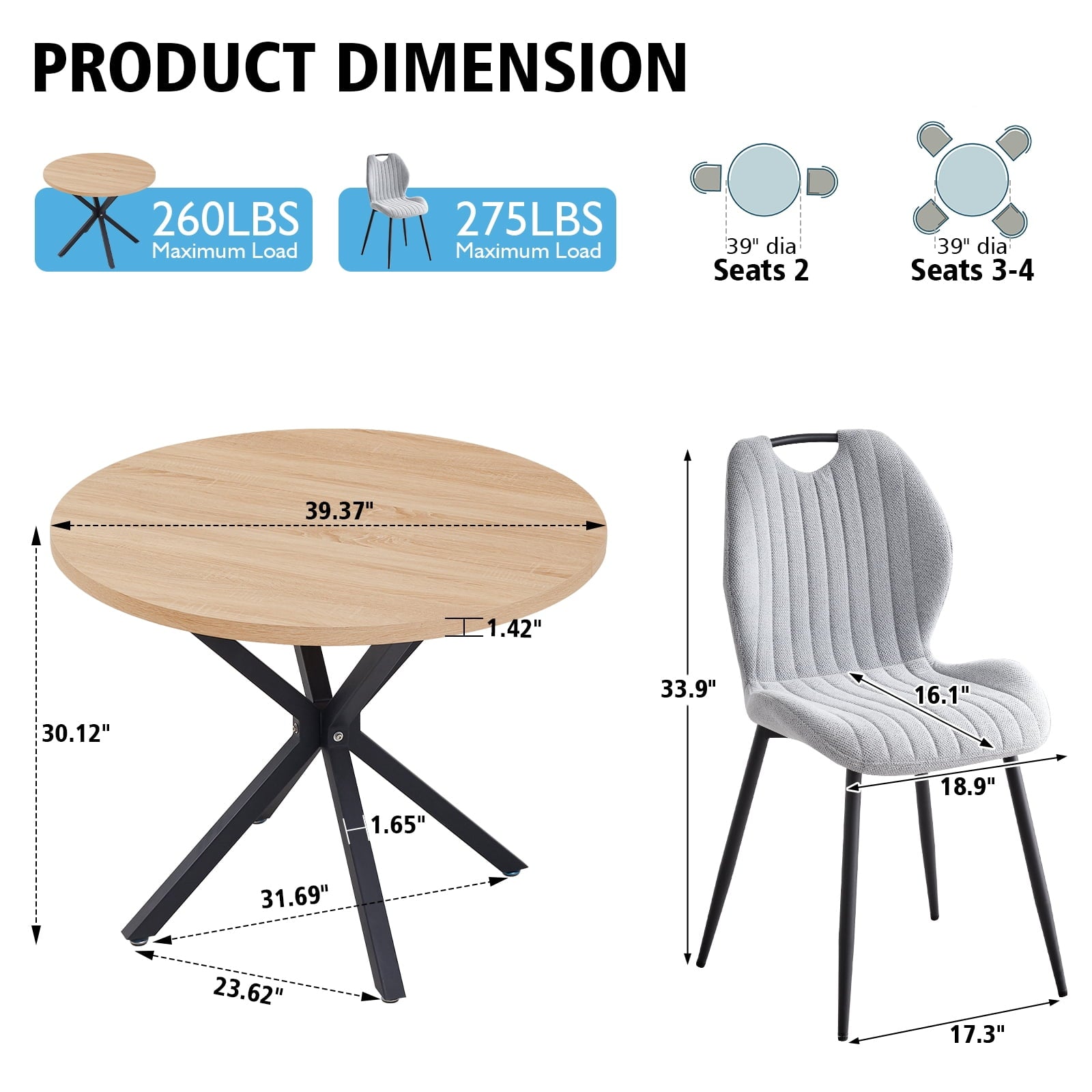 5 Piece 39 Round Dining Table Set for 4, Mid Century Kitchen Table with 4 Khaki Fabric Upholstered Dining Chairs for Apartment Living Room, Space Saving Table.