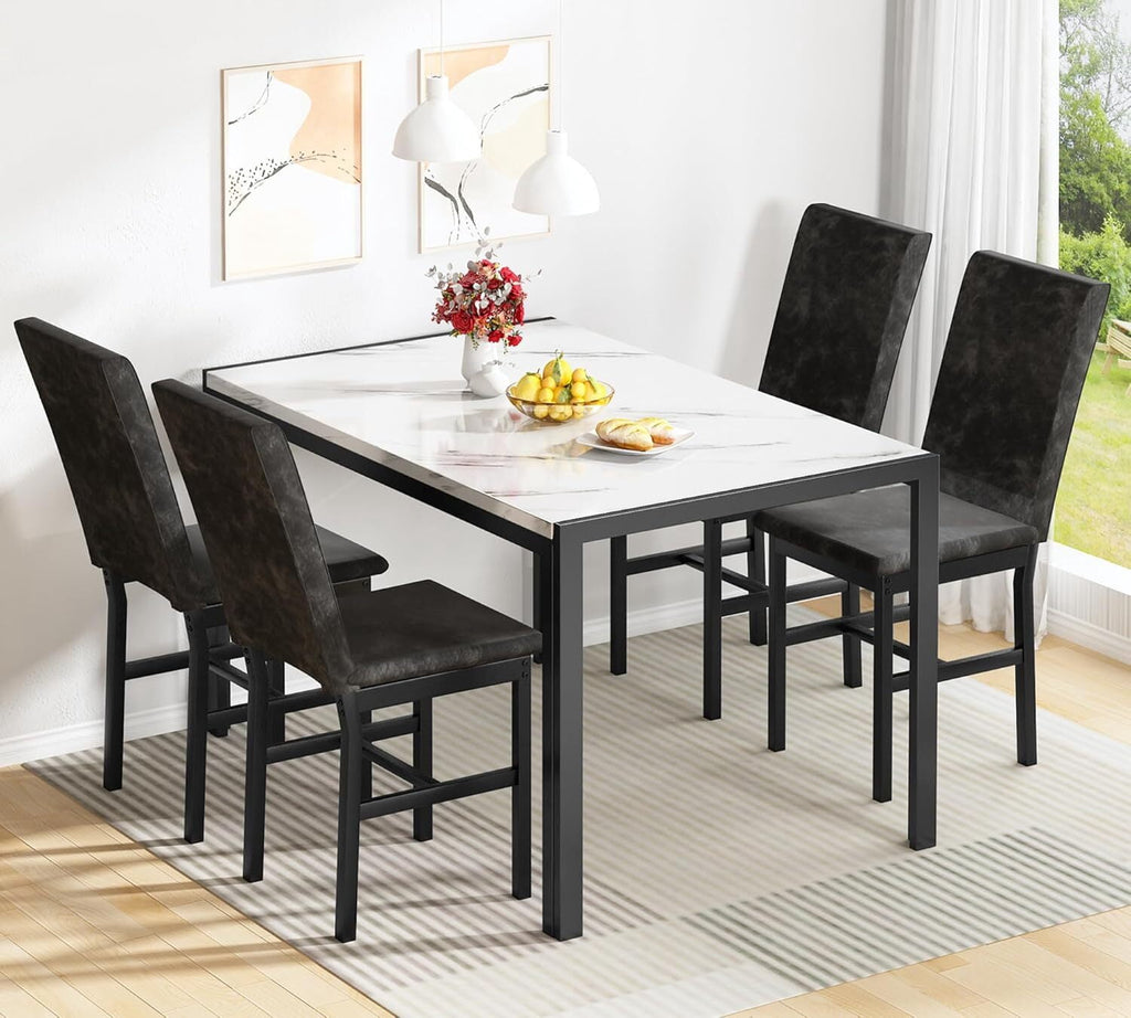MOOSENG 5-Piece Dining Table Set with Faux Marble Top, Modern Kitchen Table and Set of 4 Grey Velvet Upholstered Chairs, Space-Saving Dinette Set for Small Spaces
