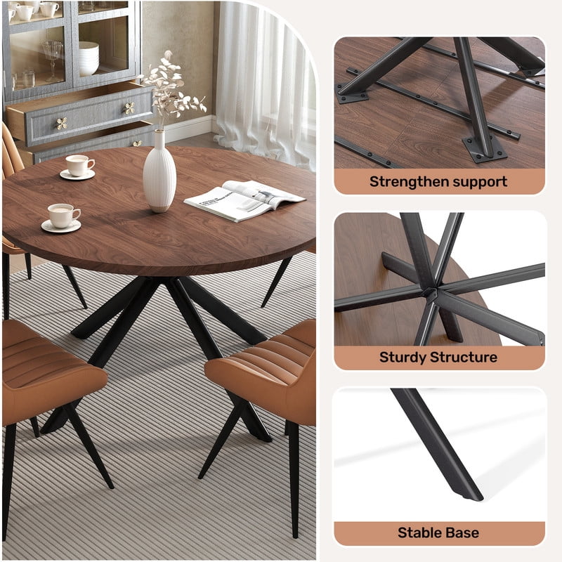 Hawsaiy 47 Round Dining Table for 4-6, Modern Farmhouse Kitchen Table with Metal Legs, Wood Circle Dinner Table for Kitchen & Dining Room, Walnut