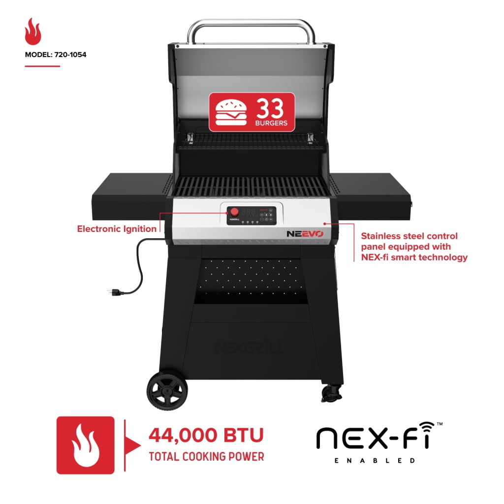 Neevo Smart Propane Grill 44,000 BTU, with 2 U Shaped Burners, Outdoor BBQ, Electronic Control, 714 Sq In Cooking Space, Cast Iron Grates, App Connected – 720-1054 