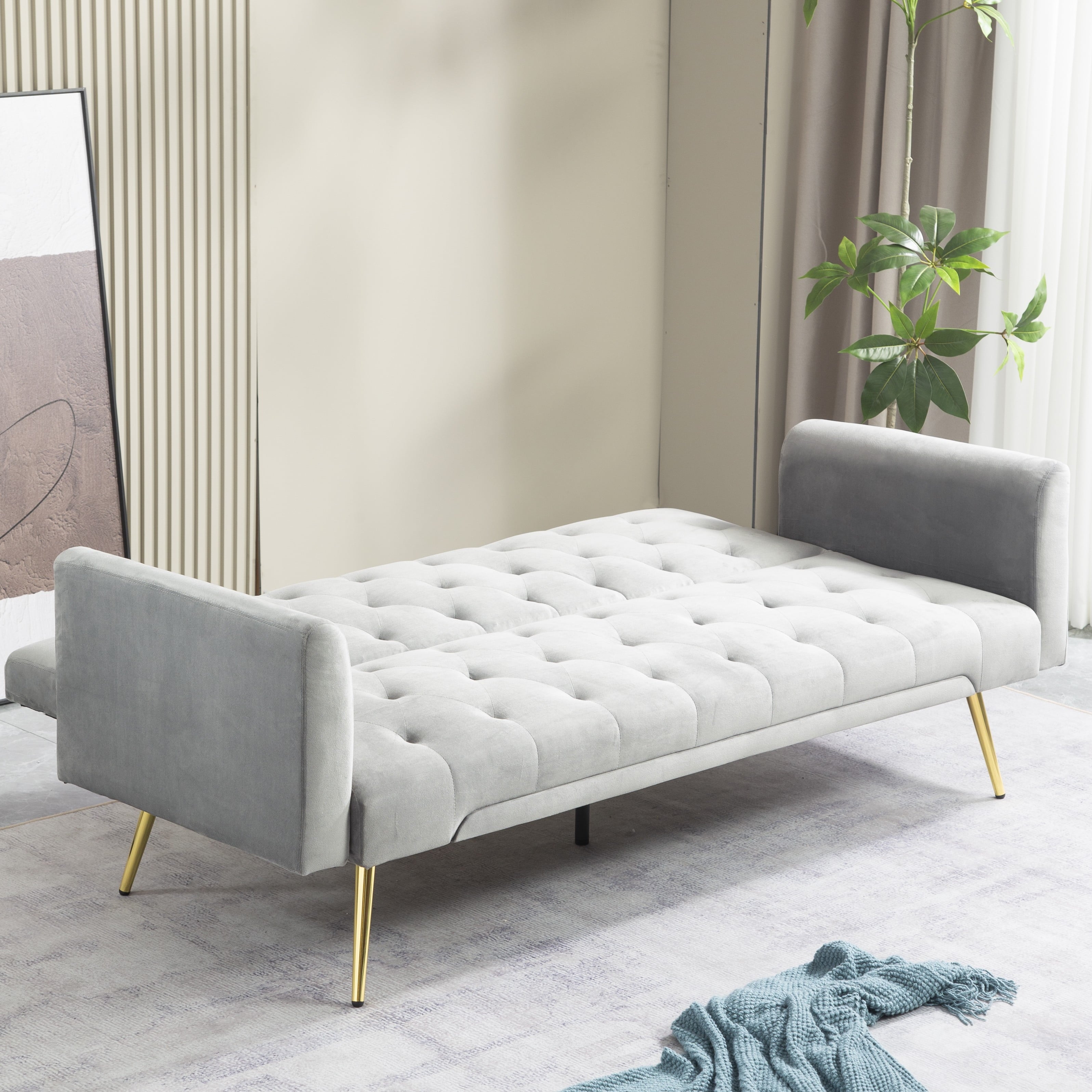 71 Inches Velvet Futon Sofa Bed with 2 Pillows,Modern Convertible Futon Couch with 3 Adjustable Backrest Angles and Gold Metal Feet,Suitable for Apartment,Living Room,Small Space,Pink