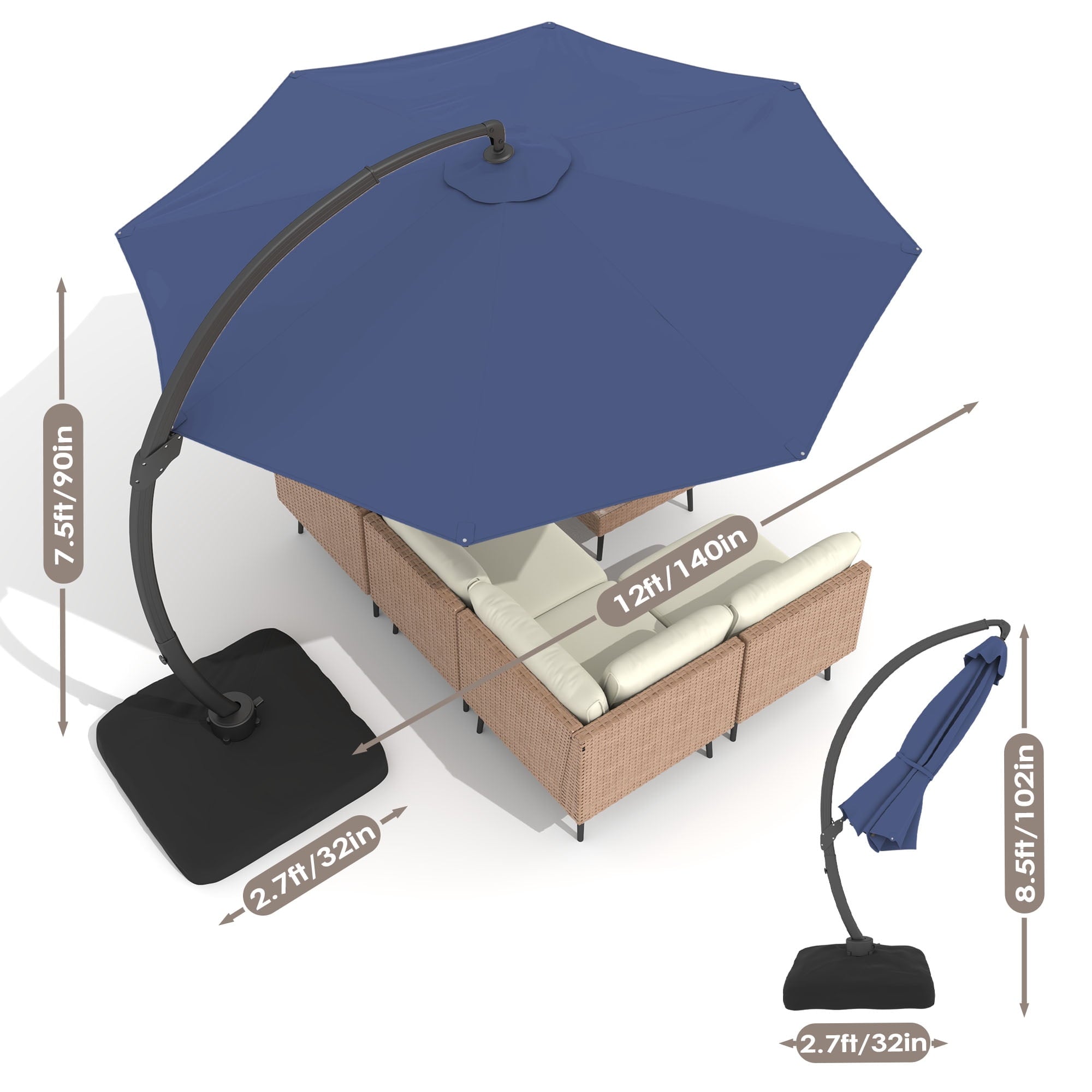 LAZZO 12ft Outdoor Patio Umbrella with Base and Lights, Aluminum Offset Cantilever Umbrella for Pool Deck, Champagne