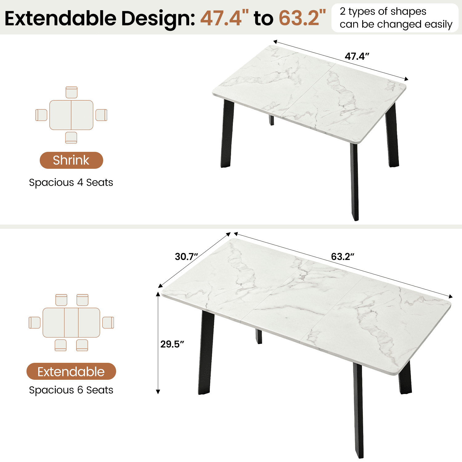 63.2-78.2 Extendable Dining Room Table,Modern MDF Dining Table Set for 4-8,Space Saving Dining Room Table Compact for Living Room, Apartment