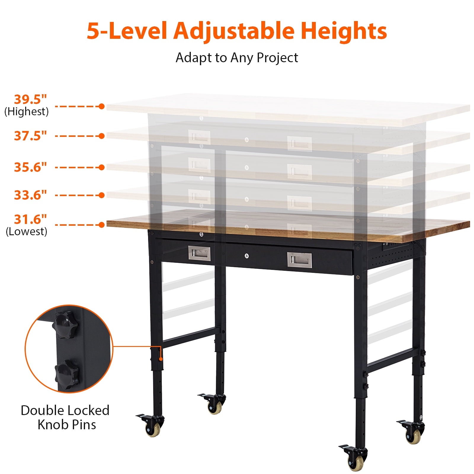 Garvee 60 x 22 in Garage Workbench with Rubber Wood Top & Cold Rolled Steel Structure, Work Bench with Drawer, Power Strip with 9 ft Cord