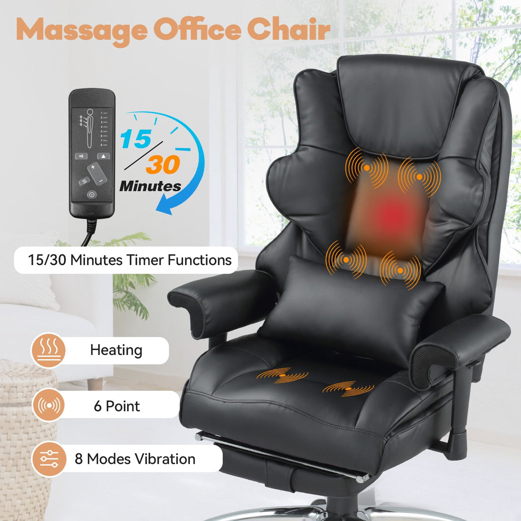 Massage & Heated Office Chair with Foot Rest, Ergonomic Executive Office Chair with Reclining Backrest, Adjustable Arms and Lumbar Support, High Back Leather Desk Chairs for Home Office, Beige