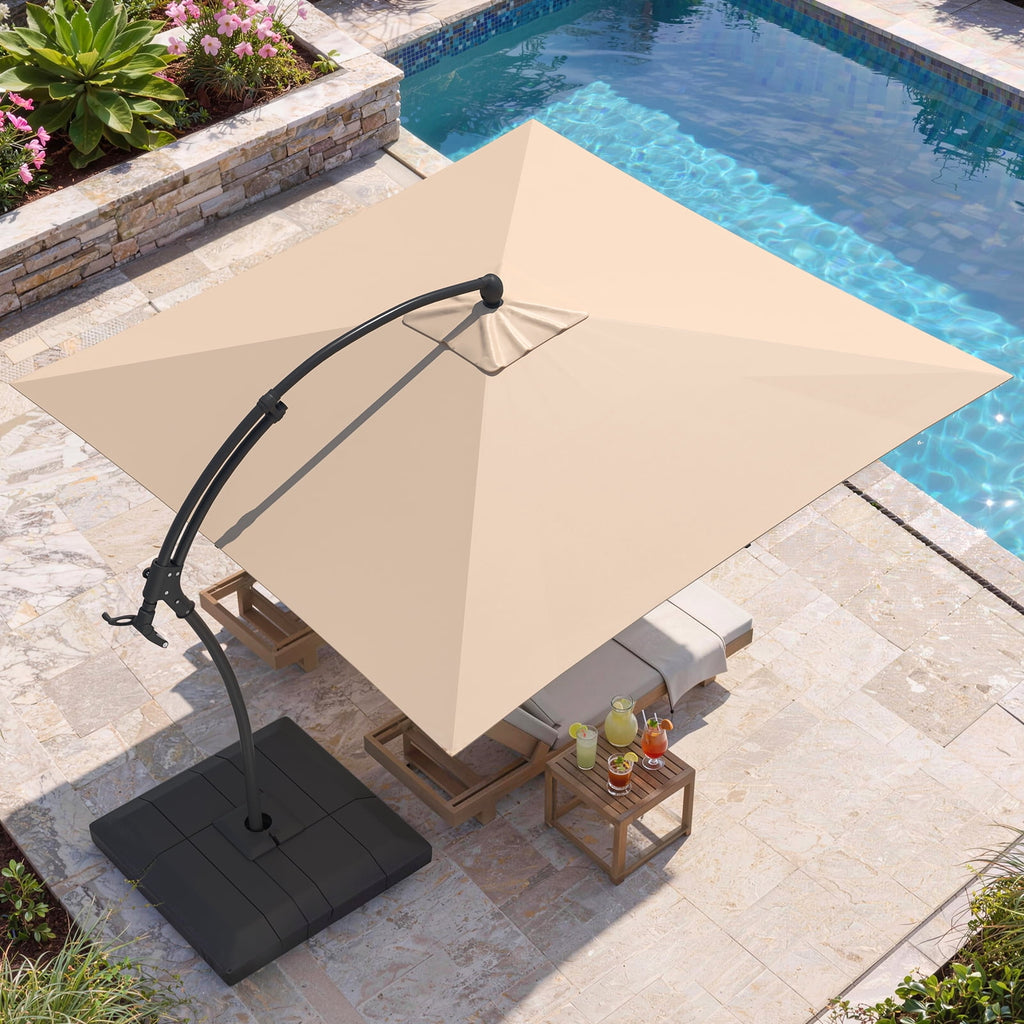AECOJOY 10x10ft Outdoor Cantilever Patio Umbrella with Base, 360° Tilt & Rotate, Beige