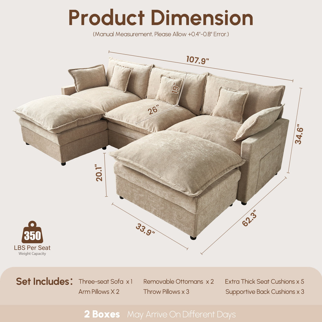 Ovios 108 Modular Sectional Sofa U-Shaped Cloud Couch with 2 Ottomans, Comfy Living Room Furniture, Chenille, Camel