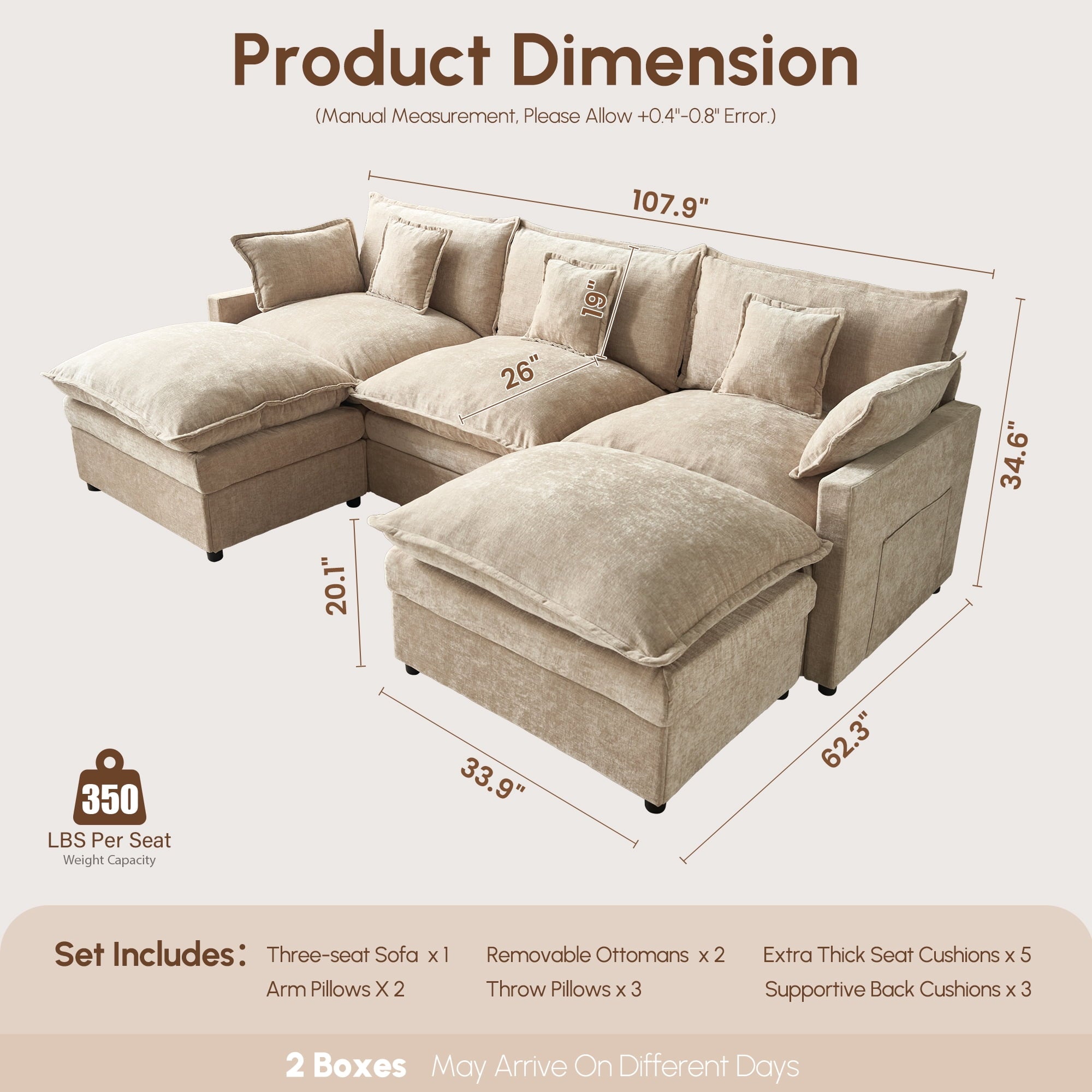 Ovios 108 Modular Sectional Sofa U-Shaped Cloud Couch with 2 Ottomans, Comfy Living Room Furniture, Chenille, Camel