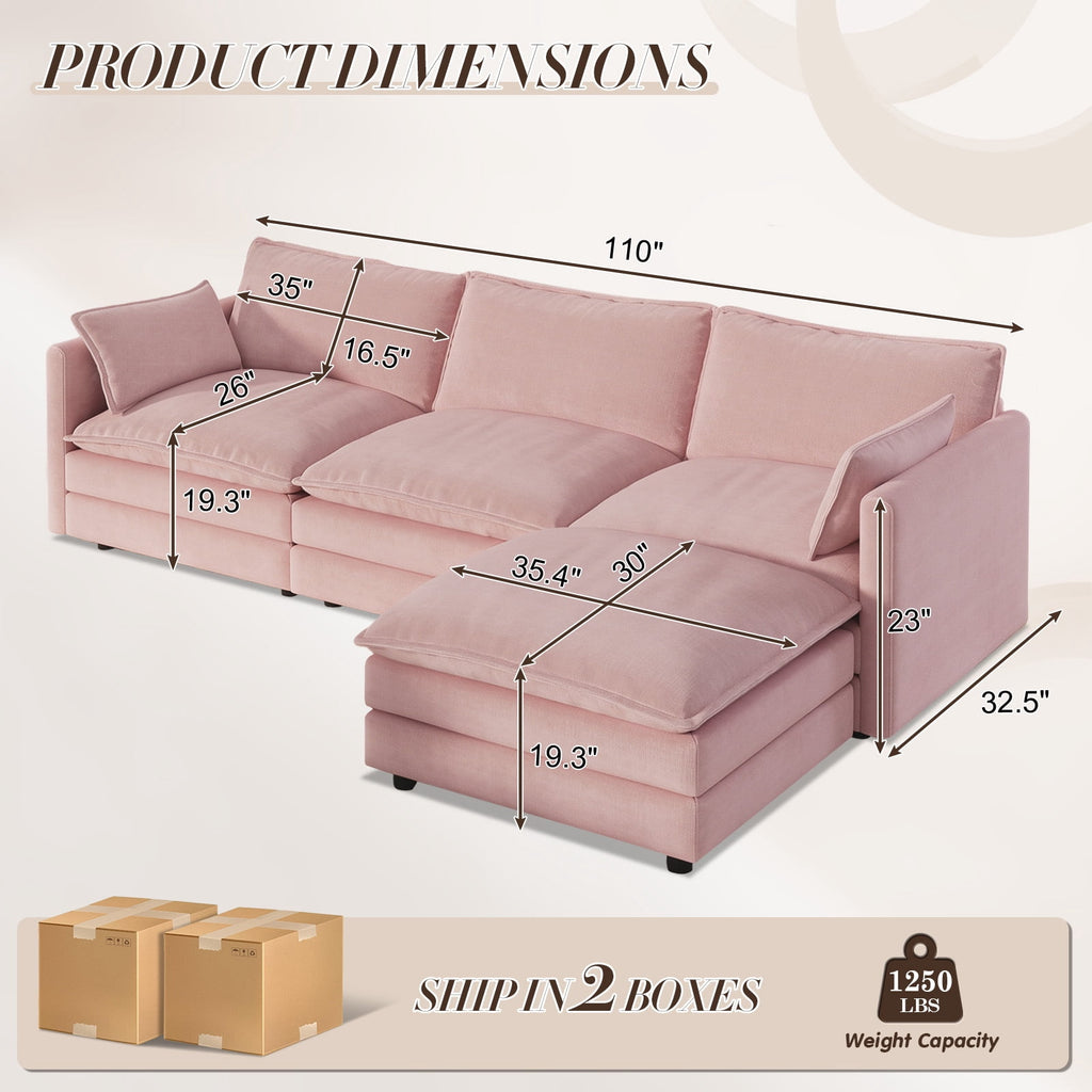 Muumblus Sectional Sofa Cloud Couch with Reversible Ottoman, L-Shaped Chenille Sofa for Living Rooms, Beige