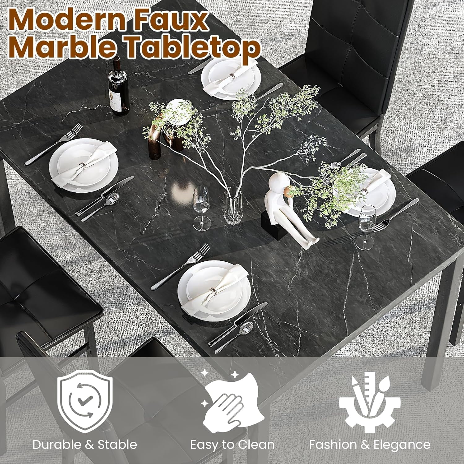 LinkRomat Dining Table Set for 4, Modern Faux Marble Tabletop and 4 PU Leather Upholstered Chairs, Kitchen Table and Chairs for Dining Room Breakfast Nook, Gray