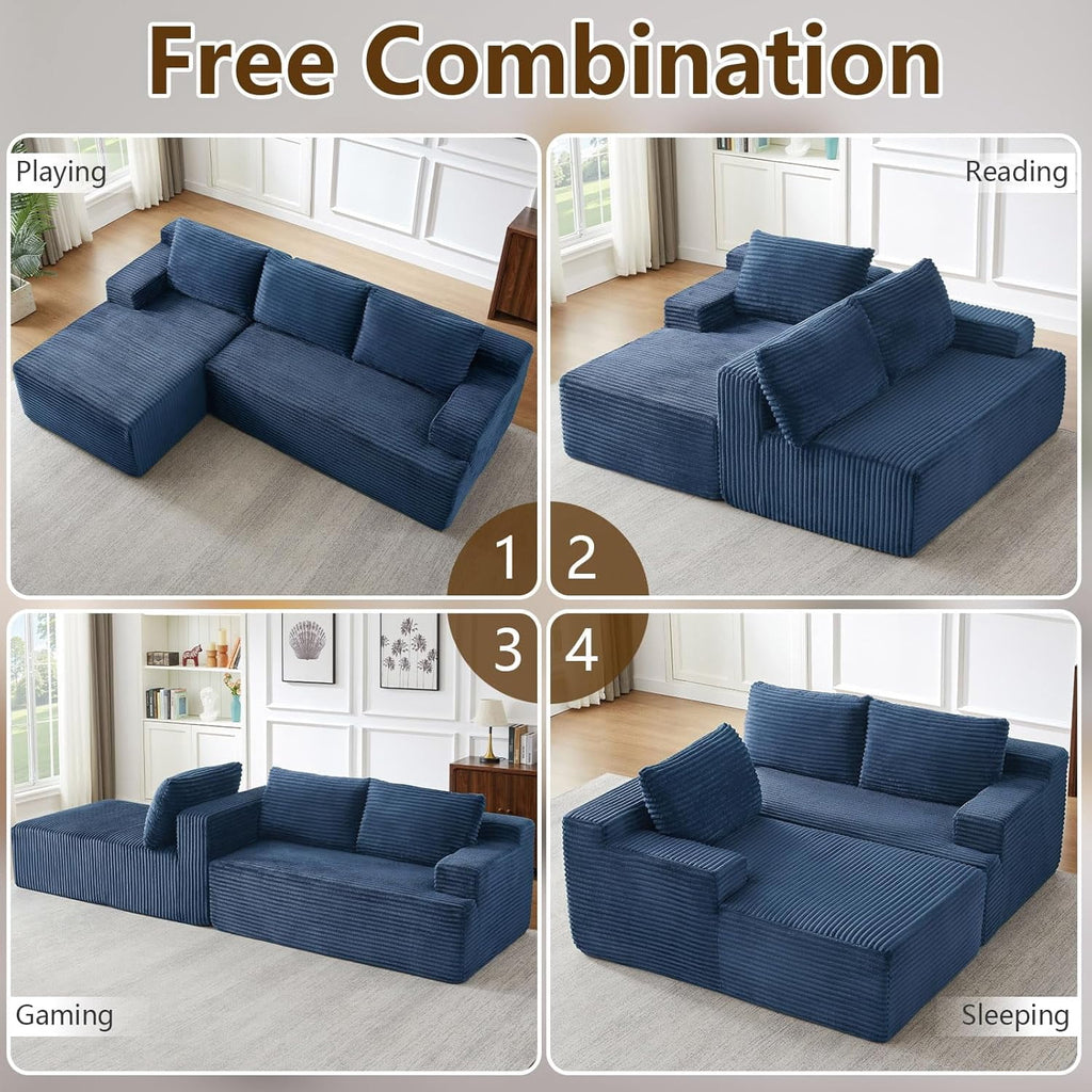 96 Boneless Cloud Couch with Chaise, Modular Sectional Sofa for Living Room, No Assembly Required, Deep Seat Corduroy Couch, Green
