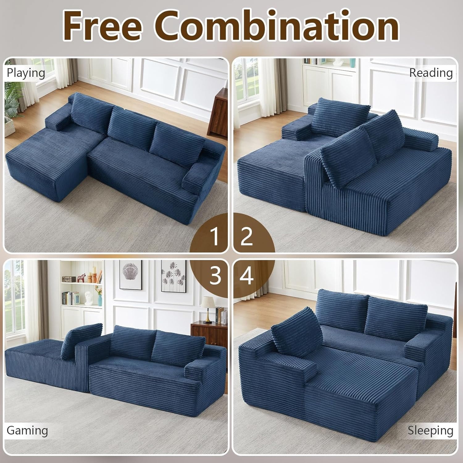 96 Boneless Cloud Couch with Chaise, Modular Sectional Sofa for Living Room, No Assembly Required, Deep Seat Corduroy Couch, Green