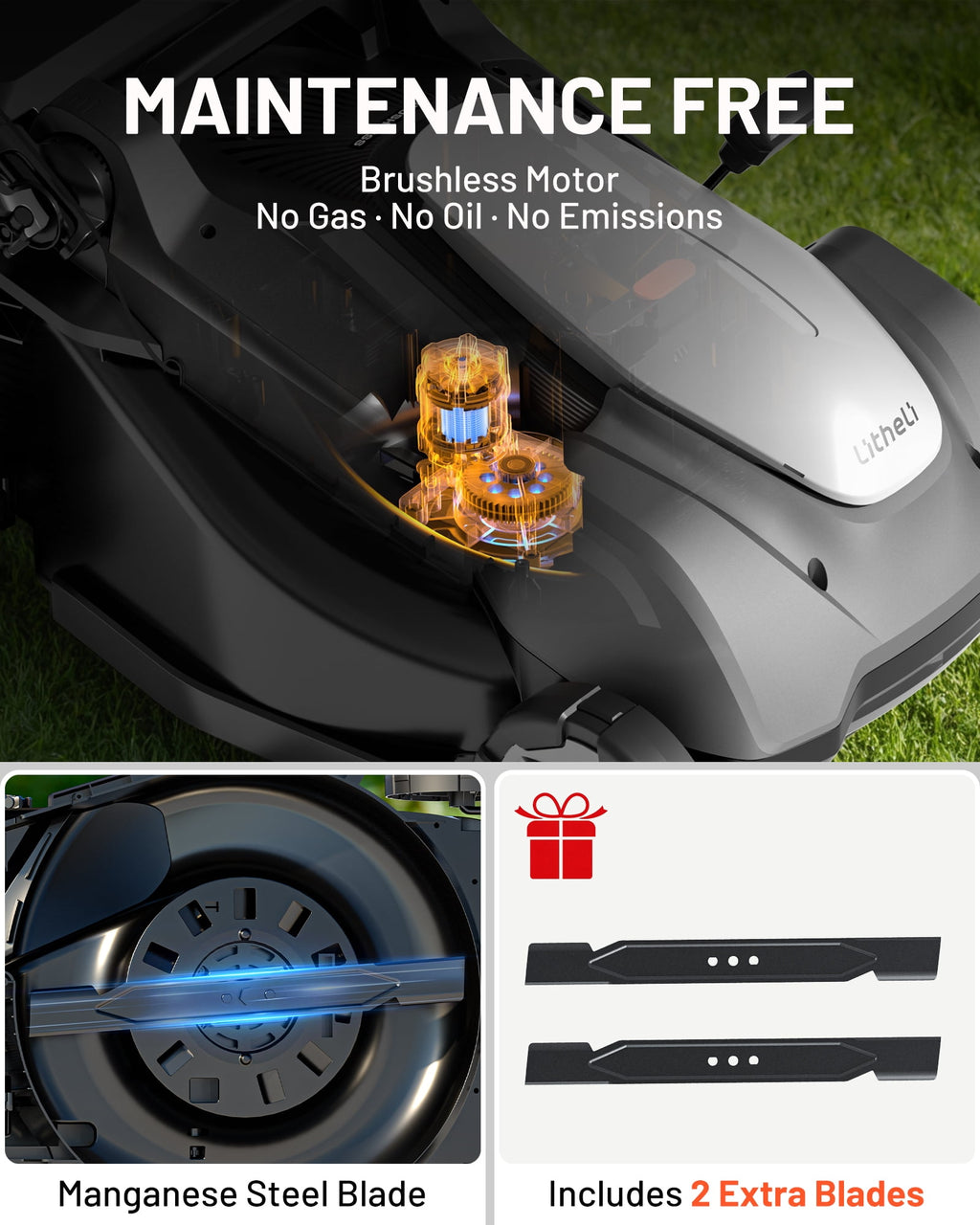 Litheli 40V Cordless Electric Lawn Mower, 17-Inch, Self-Propelled, Brushless Motor, 6-Position Height Adjustment, with 2 x 5.0Ah Battery, for Lawns & Gardens