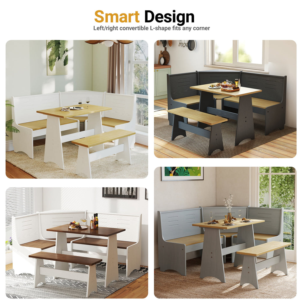 Breakfast Nook Kitchen Corner Dining Table Bench Chair Set, Space-Saving 3-4 Seat L-Shape Farmhouse Mid Century Modern Style for Family Home Black Wood