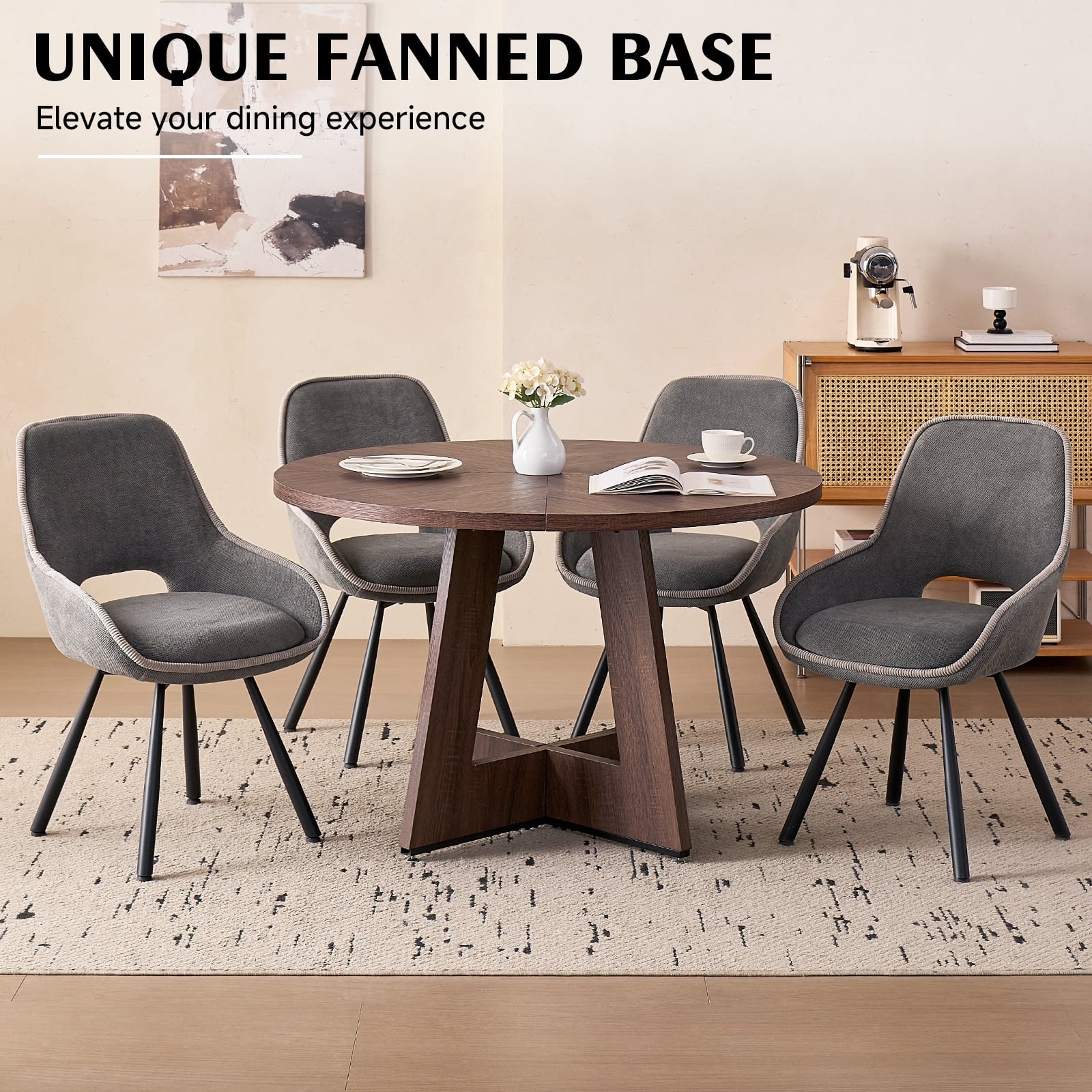 5 Piece 47'' Round Dining Table Chairs Set for 4, Farmhouse Oak Kitchen Table with 4 Boucle Mid Century Modern Dinning Room Chairs, Wood Dinner Table &Upholstered Chair Set of 4, Beige