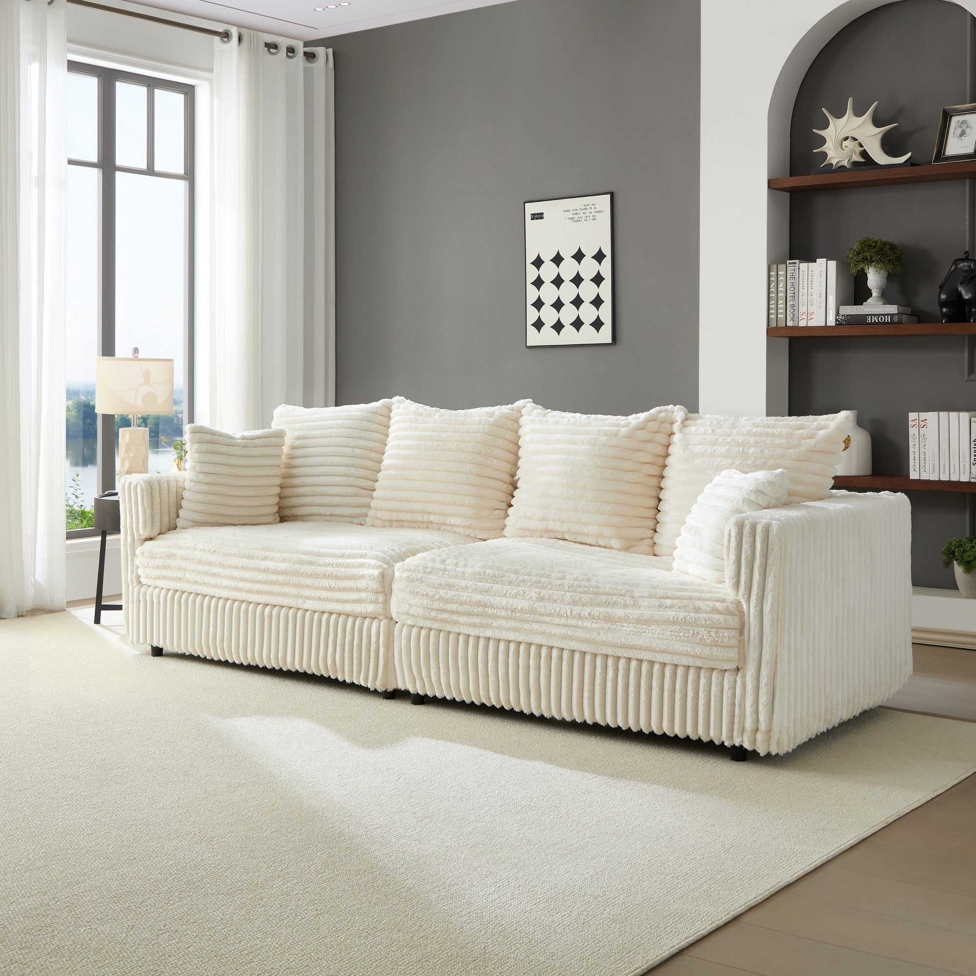 Gewnee 86.6 Modern Sofa Couch,Teddy Velvet 3 Seaters Comfy Couch with Deep Seat for Living Room,2 Pillows,Beige