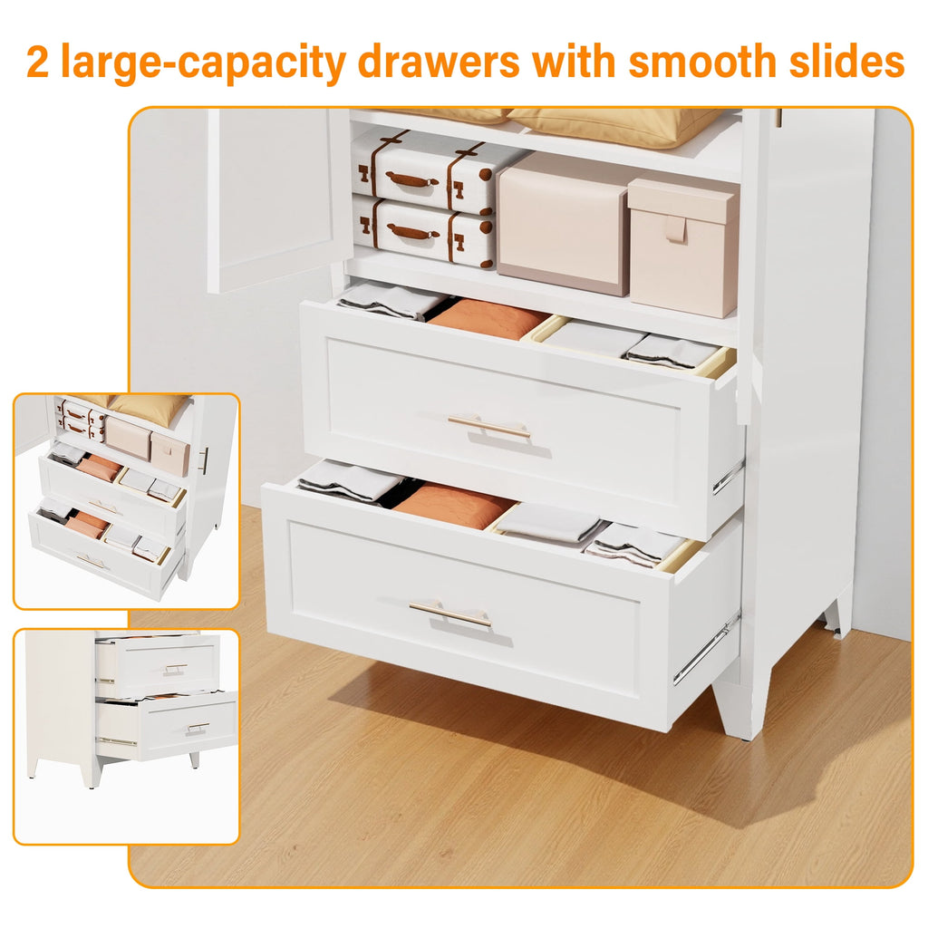 avobird 60 Tall Metal Wardrobe Cabinet with 1 Drawer and Hanging Rod, 2 Doors Wardrobe Closet with Shelf for Bedroom, Beige