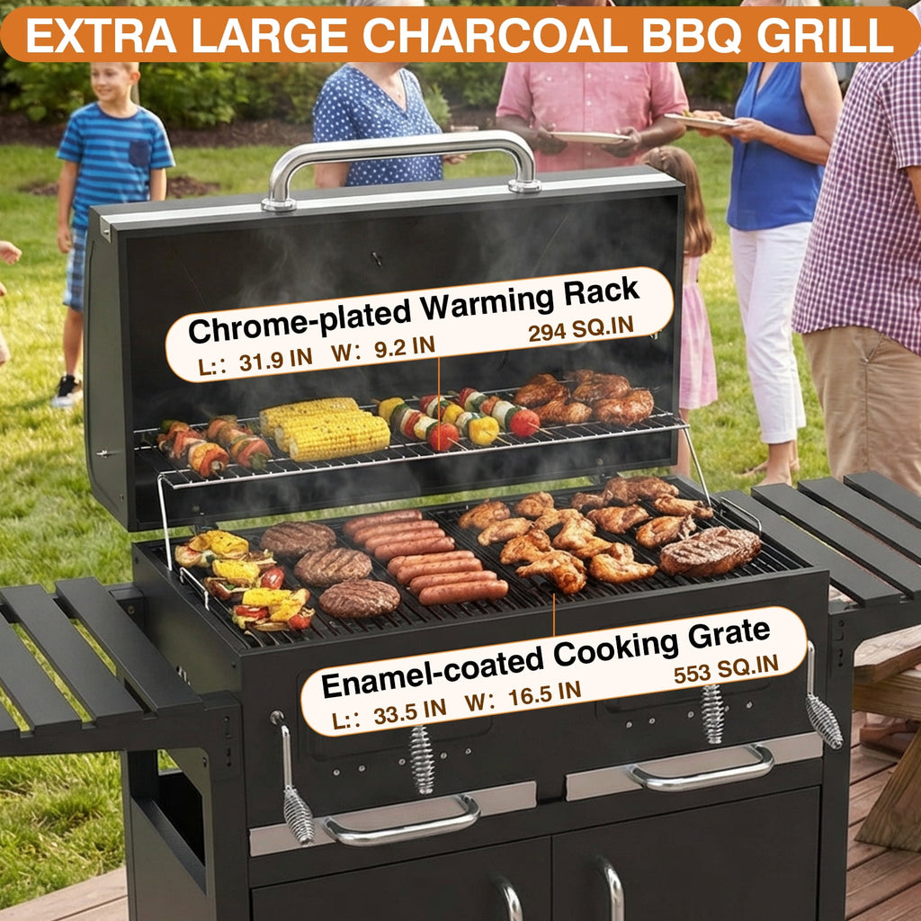 Frizi Charcoal Grill Outdoor BBQ  Cooking Grill with2 Individual Lifting Charcoal Trays and 2 Foldable Side Tables
