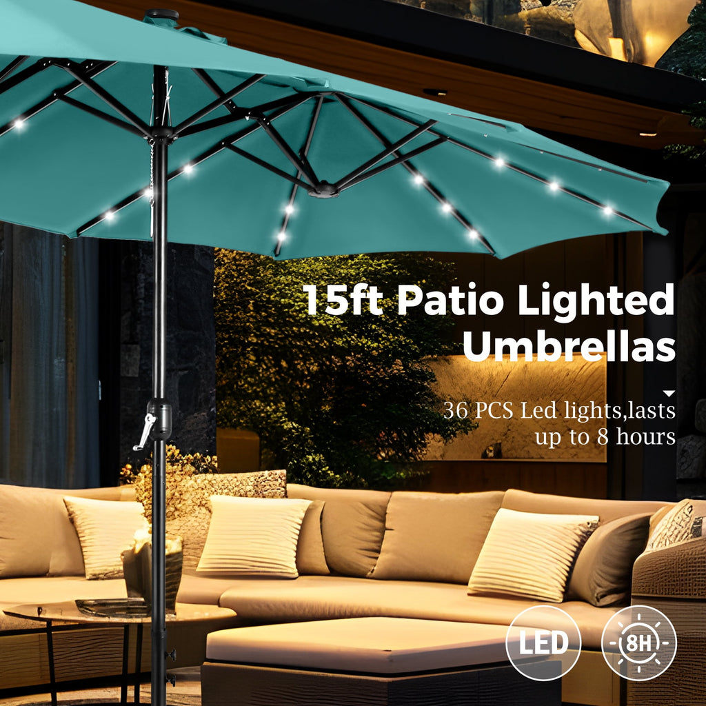 Alpha Joy 15ft Extra Large Outdoor Patio Double-Sided Umbrella with LED Solar Lights & Umbrella Base, Beige