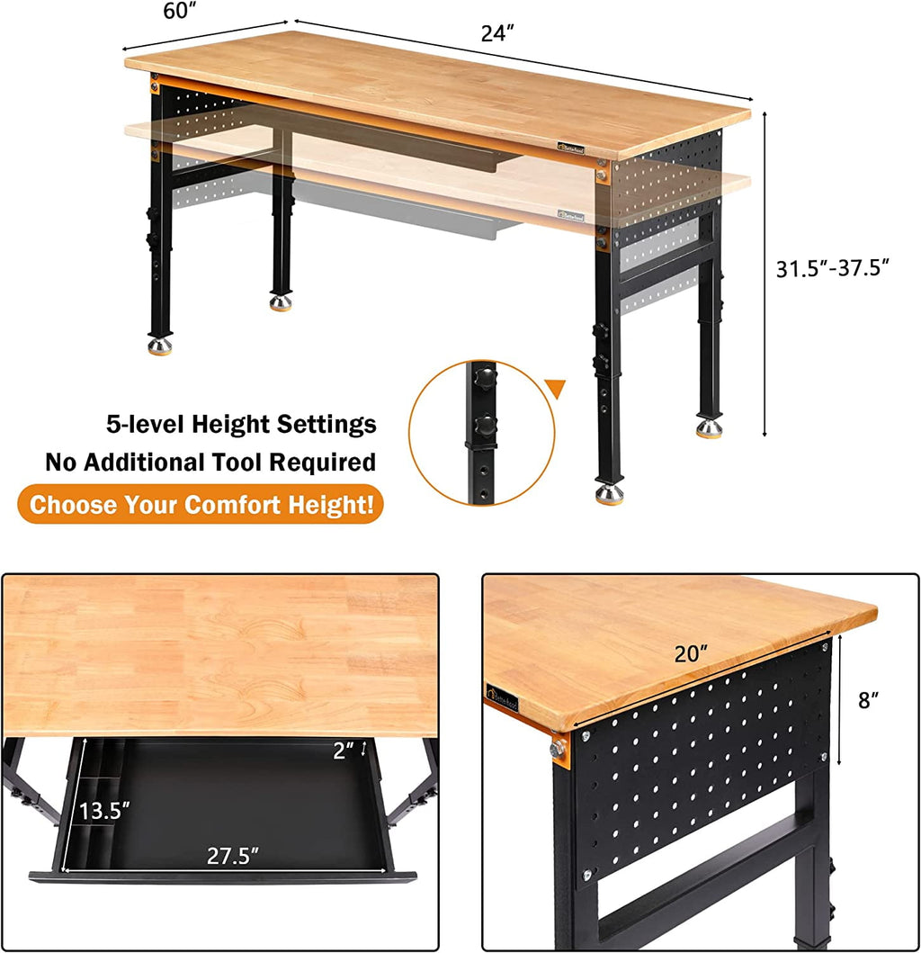 Tolead 60 Heavy-Duty Adjustable Workbench with Power Outlets, Rubber Wood Shop Table, Metal Wheels, Workstation