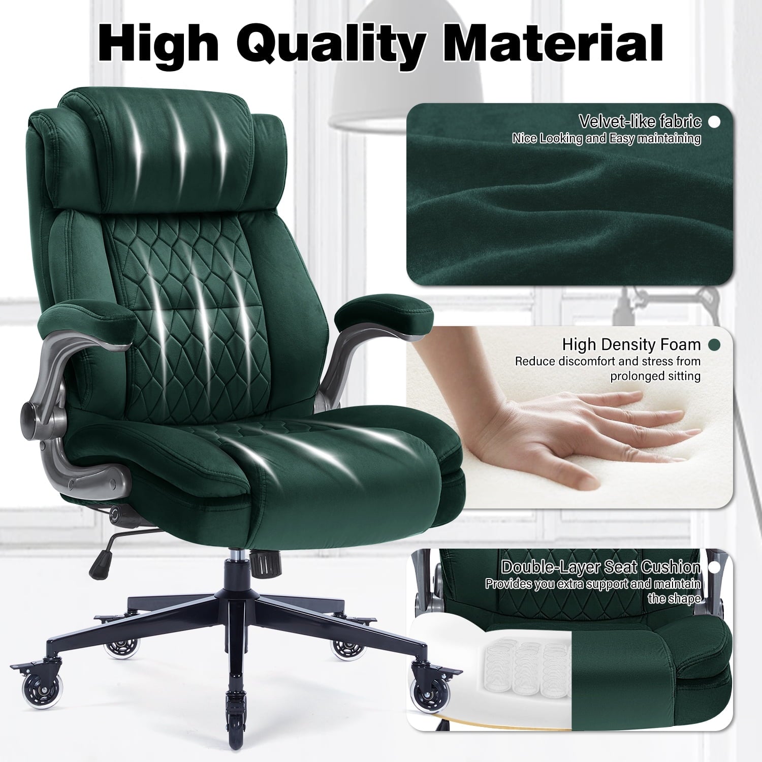 High Back Office Chair with Lockable Wheels, 400lbs Large Fabric Executive Desk Chair, Adjustable Lumbar Support Flip up Arms, Ergonomic Home Office Computer Chair with Storage Pocket, Black