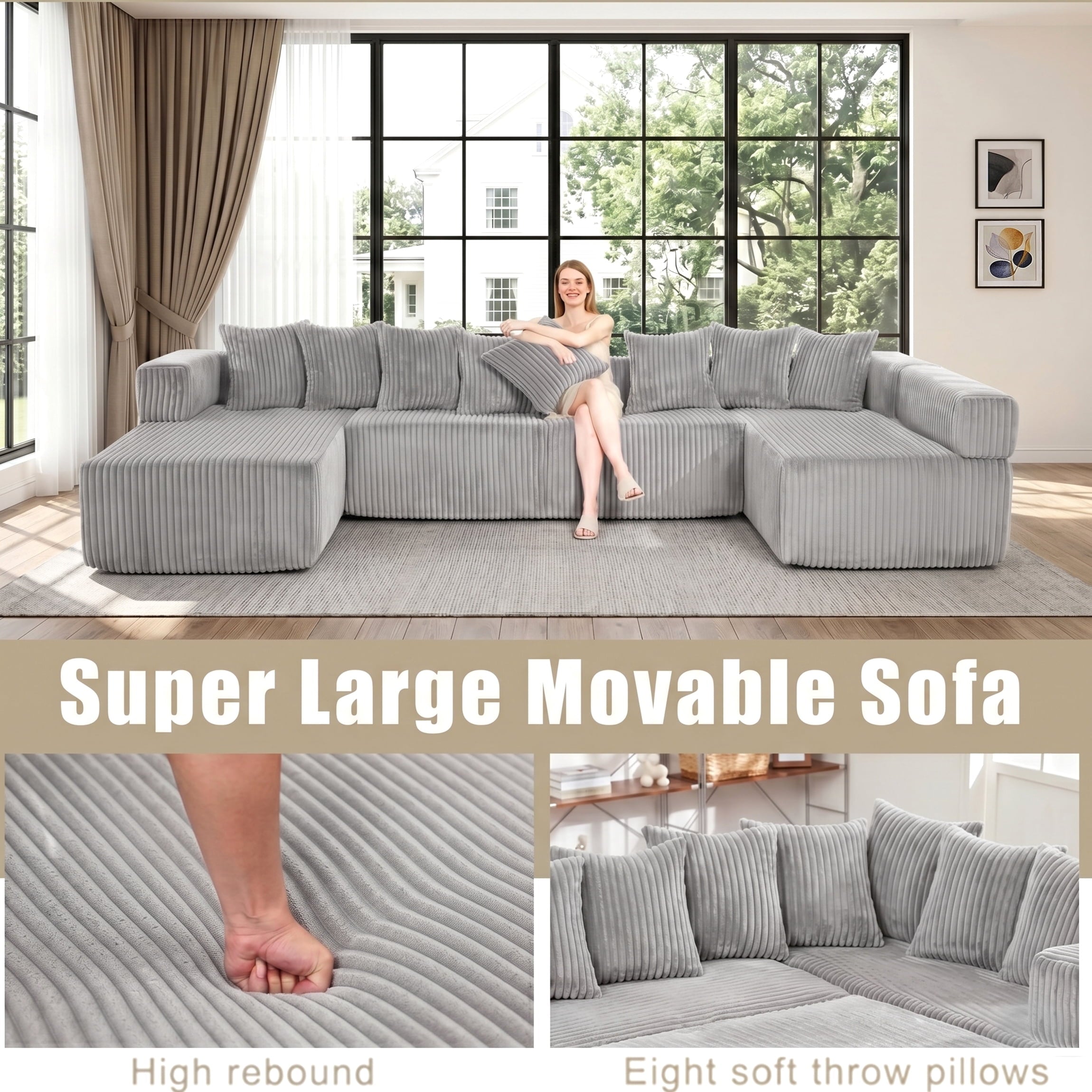 SOULART 138.5 U Shaped Sectional Couch,Gray Cloud Boneless Sofa For Living Room,Plush Corduroy Couches With Deep Seat Chaise Lounge,No Assembly Required