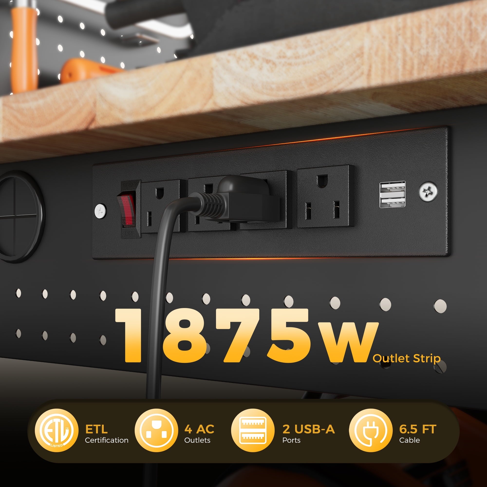 60 Multifunctional Heavy Duty Workbench for Garage with Pegboard,2000LBS Load,Adjustable Height,LED Light,Rubberwood Tabletop
