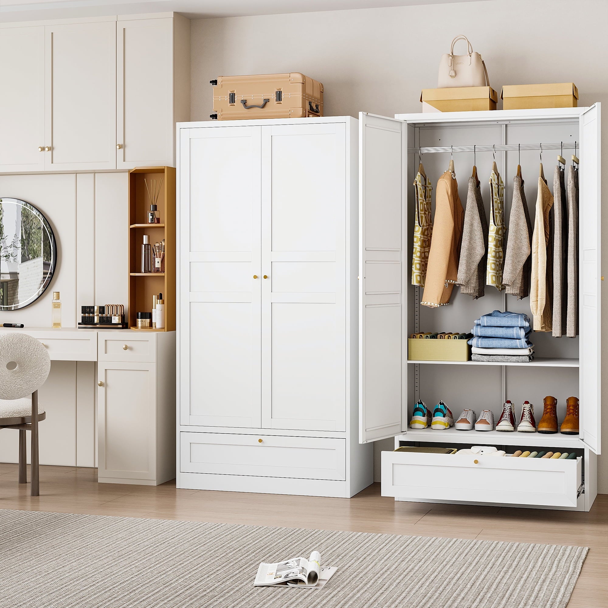 STANI Metal Wardrobe Closet with Hanging Rod, 72 White Armoire Wardrobe Cabinet with Adjustable Shelves, Clothes Storage Organizer Cabinets for Bedroom, Bathroom, Office