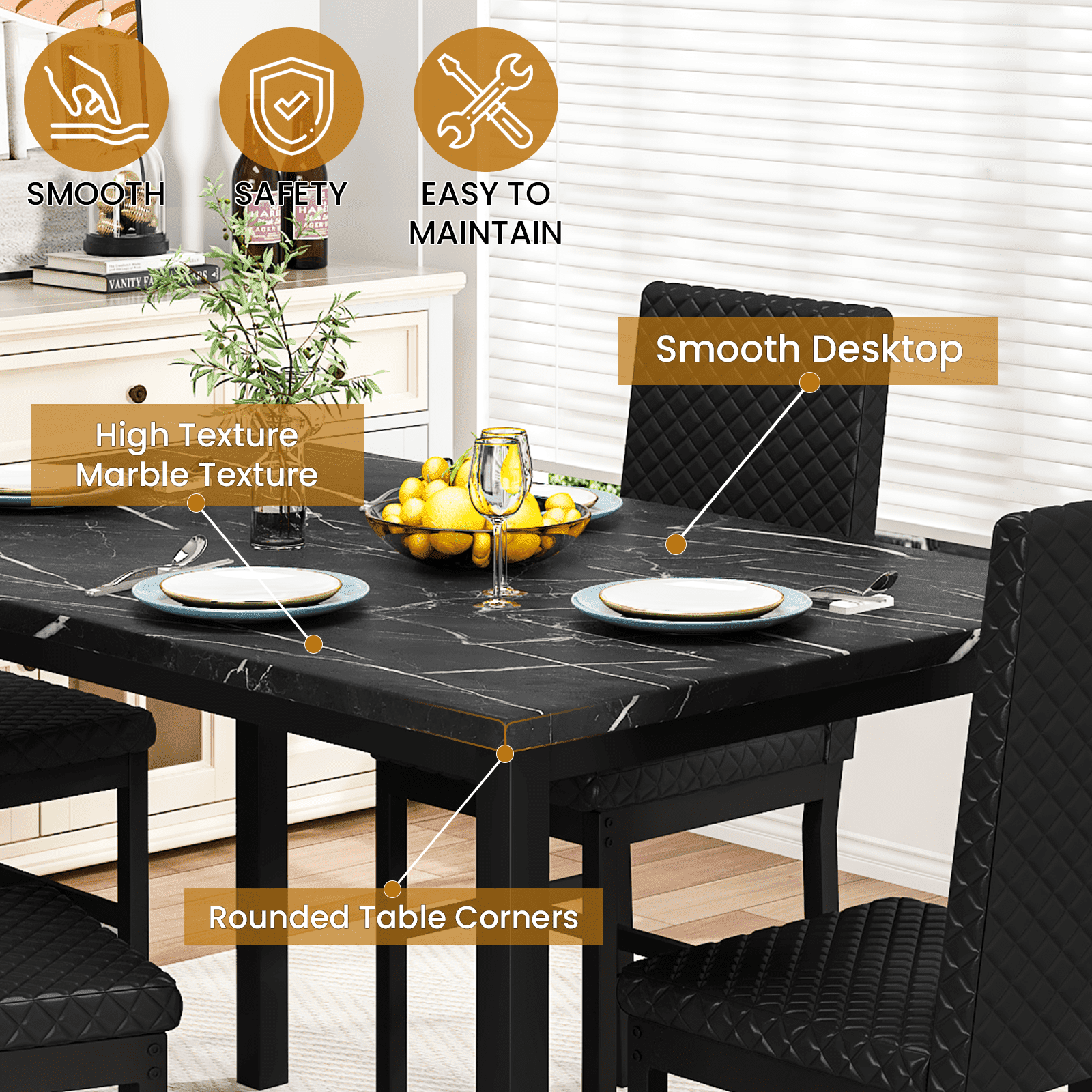 Baxluxe Dining Table Set for 4, Modern 5 Piece Dining Table Set, Faux Marble Kitchen Table and 4 Velvet Upholstered Chairs for Apartments, Dining Rooms, Small Spaces, Gray