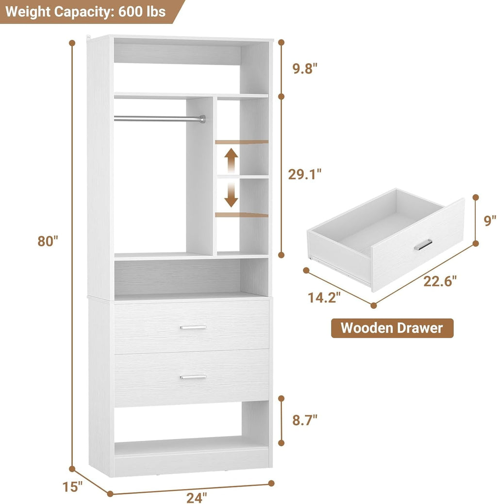 Homieasy Freestanding 24 Closet System with 2 Wood Drawers, 2FT Small Closet Organizer System with 6 Shelves & Hanging Rod, Walk-in Closet Systems for Small Closets, White