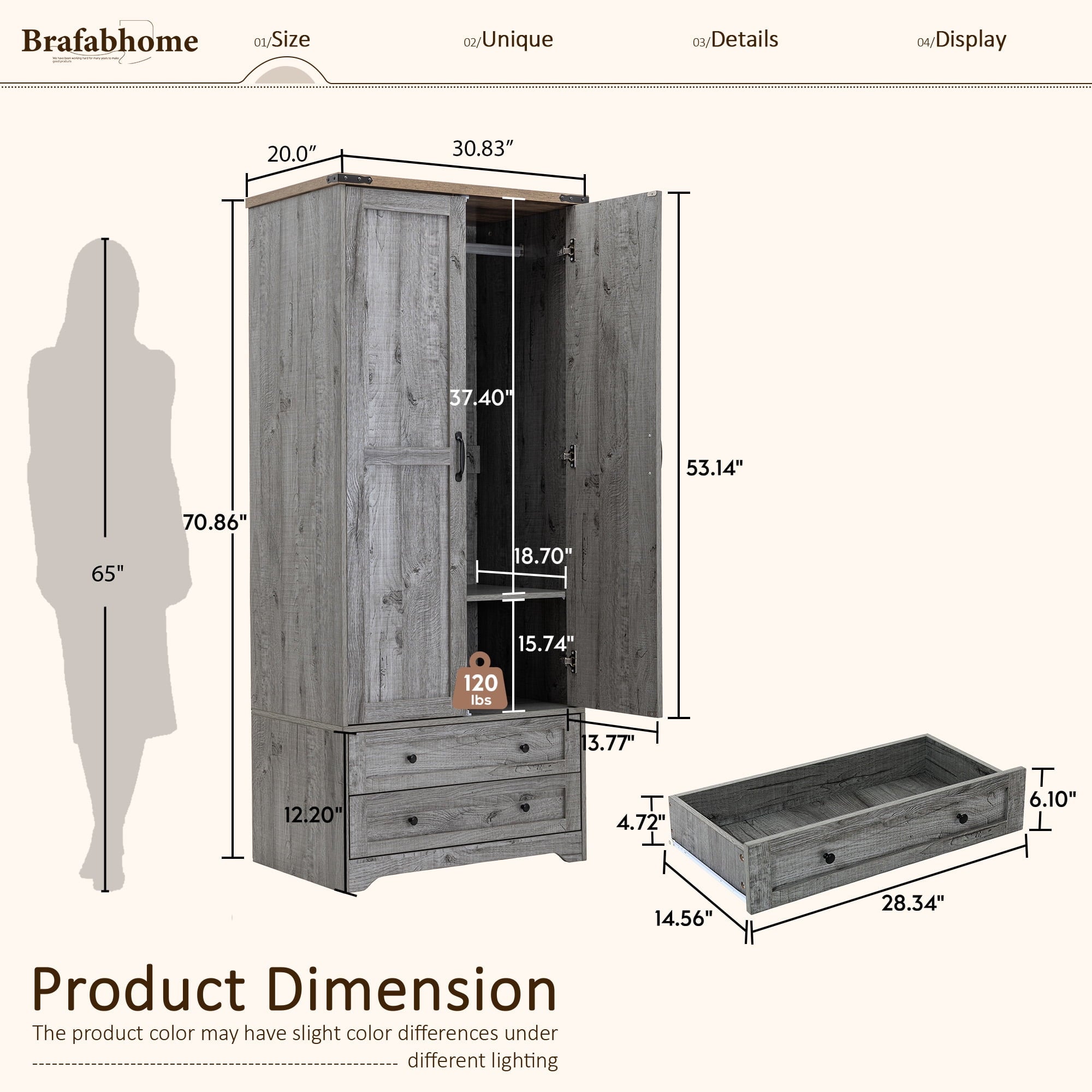 Brafabhome 71H Armoire Wardrobe Closet with 2 Drawers, Farmhouse 2 Doors Armoire Cabinet with Hanging Rod, Modern Freestanding Wardrobe Clothes Cabinet for Bedroom | Gray