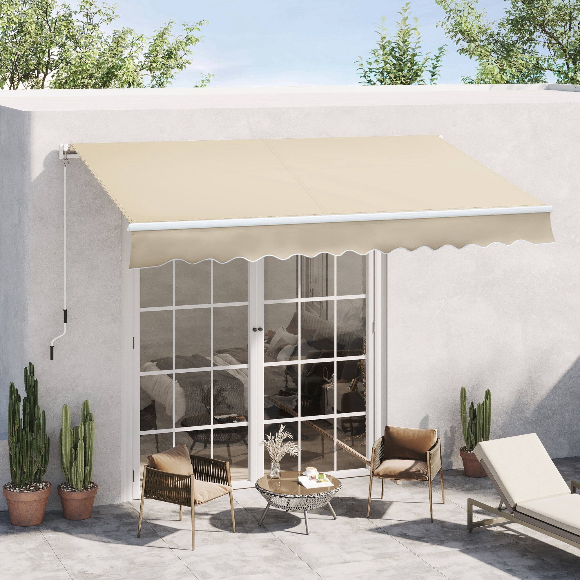 Patio Umbrellas Outsunny 12' x 8' Retractable Awning Patio Awnings Sun Shade Shelter with Manual Crank Handle, 280g/m² UV & Water-Resistant Fabric and Aluminum Frame for Deck, Balcony, Yard, Cream Wh