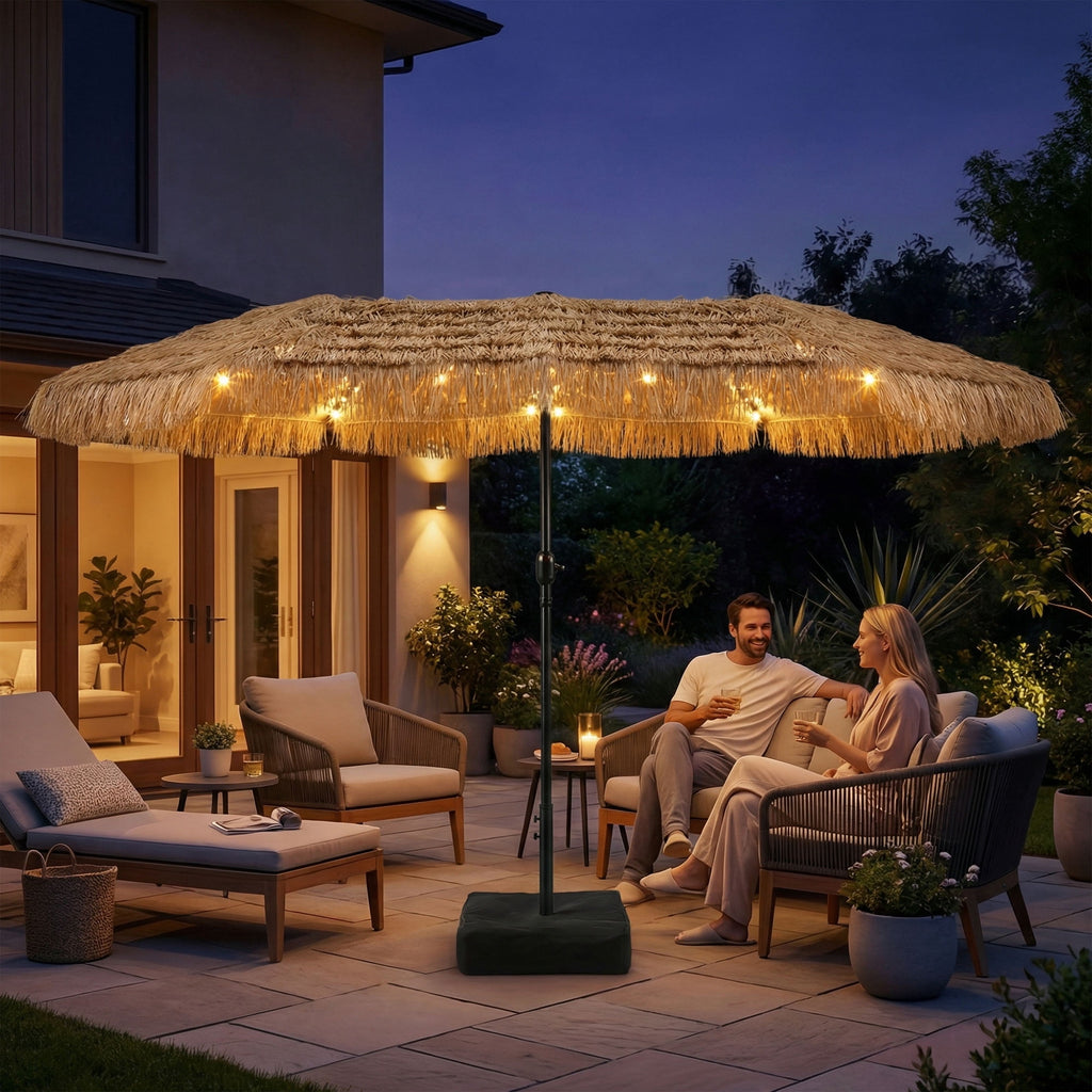 LAZZO 15ft Large Patio Umbrella with Base and Lights, Double-Sided Rectangular Outdoor Deck Umbrella, Tiki Style