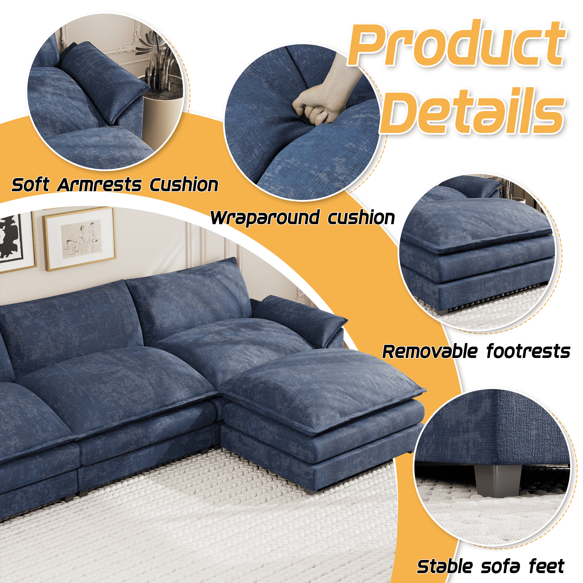 Homall 3-seat L-shaped Cloud Couch Sectional Sofa with reversible toffee chair Movable Footrest Sofa, Gray
