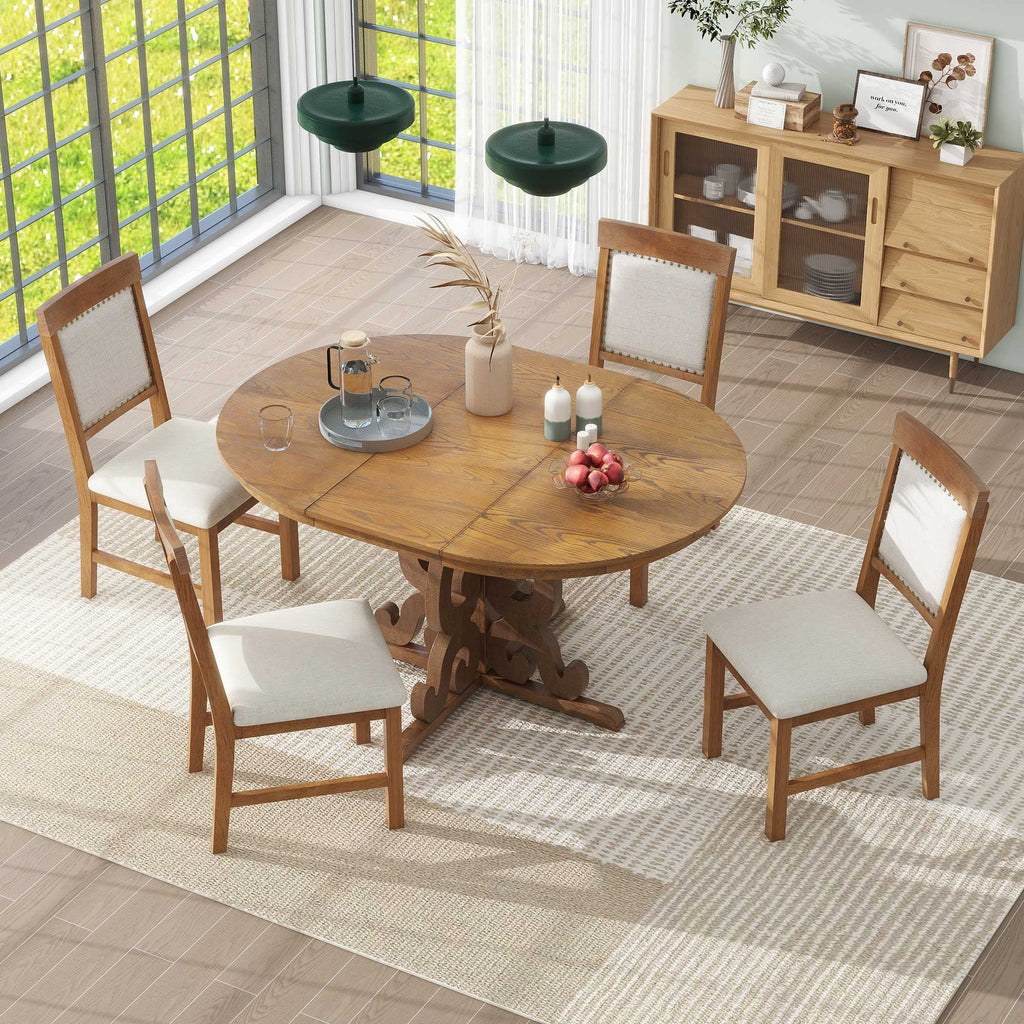 Harper & Bright Designs Farmhouse 5 Piece Kitchen Dining Table Set for 4, Solid Wood Extendable Round Dining Table Set and 4 Upholstered Chairs, Retro Dining Set for Kitchen, Natural Wood Wash