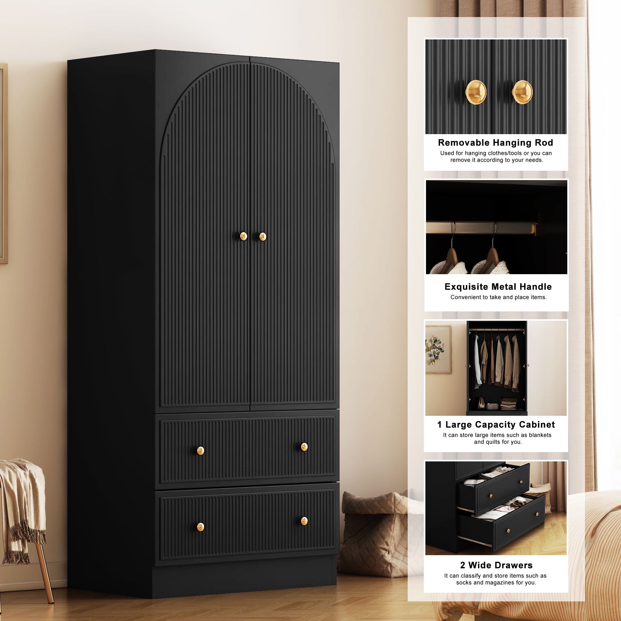 Wirrytor Freestanding Wooden Armoire Wardrobe with 2 Woven Doors and Storage Drawers, Space-Saving Closet Cabinet for Bedroom, Sturdy Mdf Board Closet with Hanging Rail