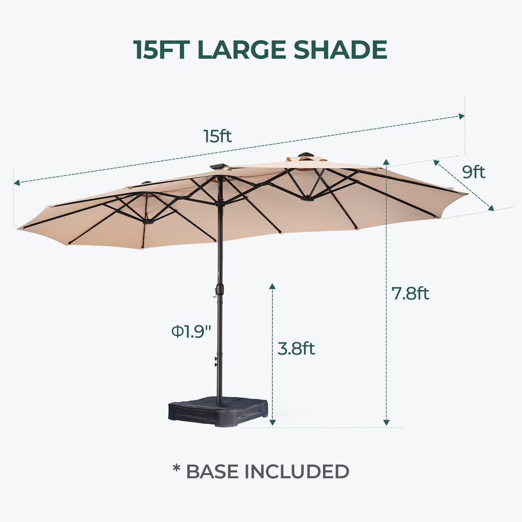 Patbrela 15ft Patio Umbrella with Light and Base, Double Sided  Large Rectangular Outdoor Umbrella with Crank Handle, for Garden, Yard, Poolside and Outdoor Activities, Gray
