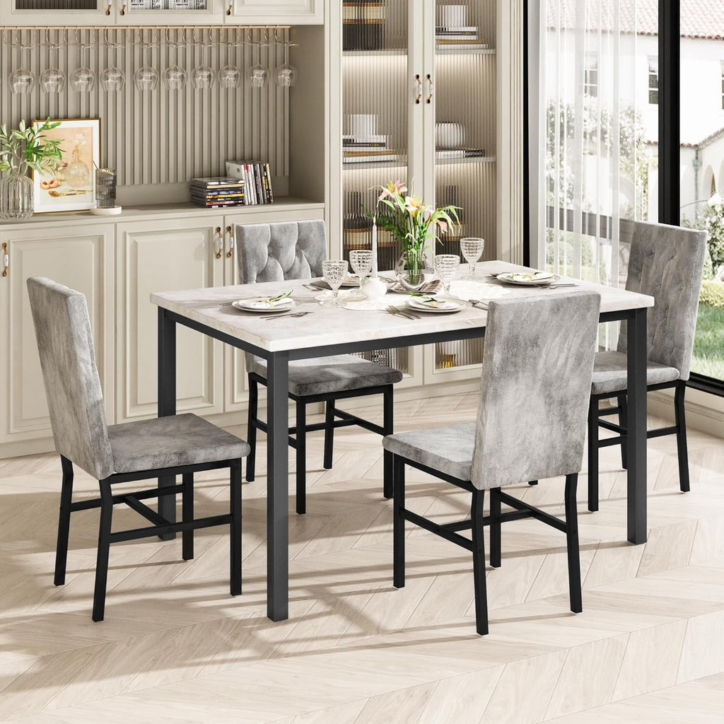 Baxluxe Dining Table Set for 4, Space Saving Rectangle Dining Table with 4 Velvet Dining Chairs, Faux Marble Kitchen Table and Chairs Set, Modern Dining Room Set for Kitchen, Pub, Beige+Gray
