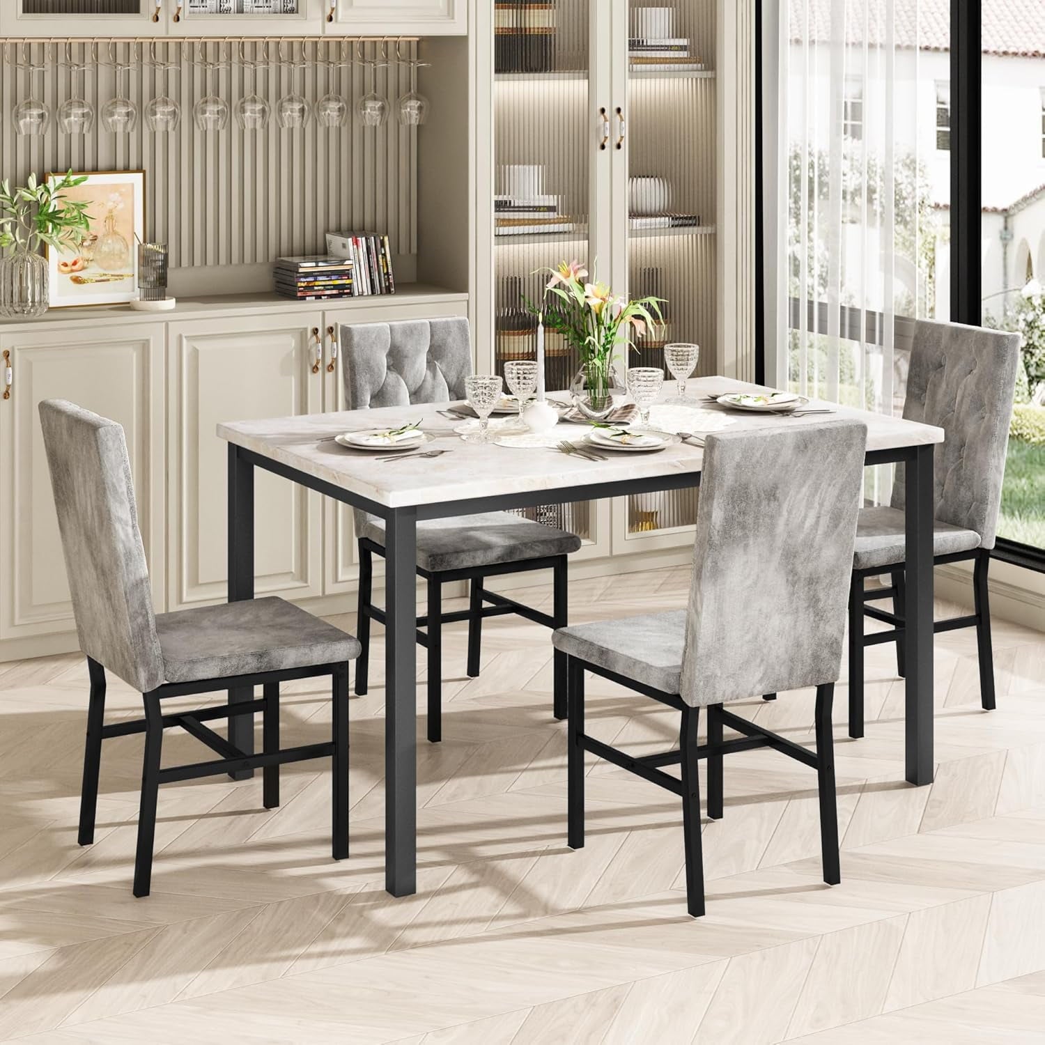 Baxluxe Dining Table Set for 4, Space Saving Rectangle Dining Table with 4 Velvet Dining Chairs, Faux Marble Kitchen Table and Chairs Set, Modern Dining Room Set for Kitchen, Pub, Beige+Gray