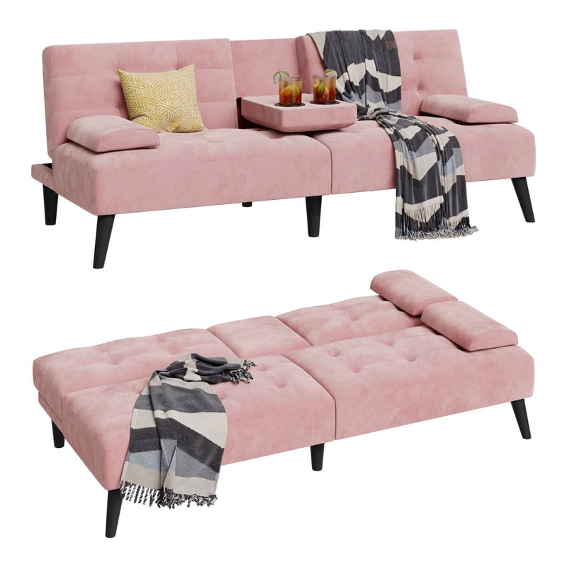 Walsunny Convertible Futon Sofa Bed, Foldable Futon Sleeper Sofa Bed with 2 Cup Holders, Folding Loveseat Recliner with 3-Angle Adjustment Modern Couch for Living Room, Small Space, Pink