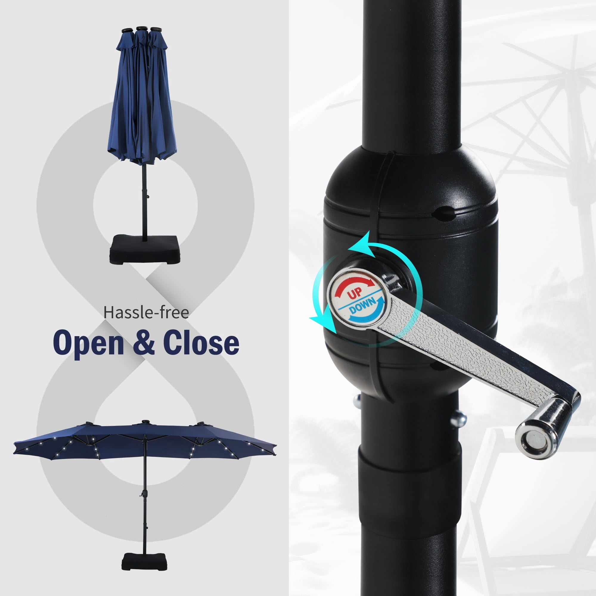 SUMMIT LIVING 15 FT Double-Sided Solar Patio Umbrella with Base Large Outdoor Umbrella with LED Solar Lights - Haze Blue