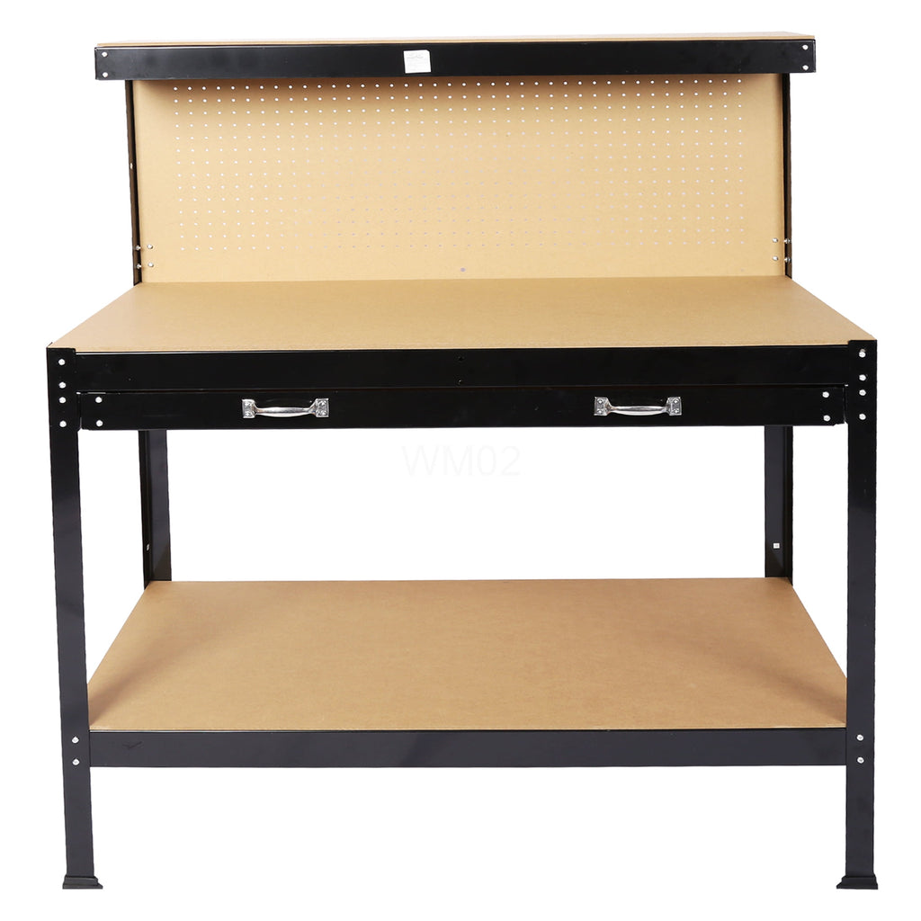 Heavy-Duty Black Workbench with Tool Storage, 300Lbs Capacity, Steel Frame & MDF Top for Garage Workshop